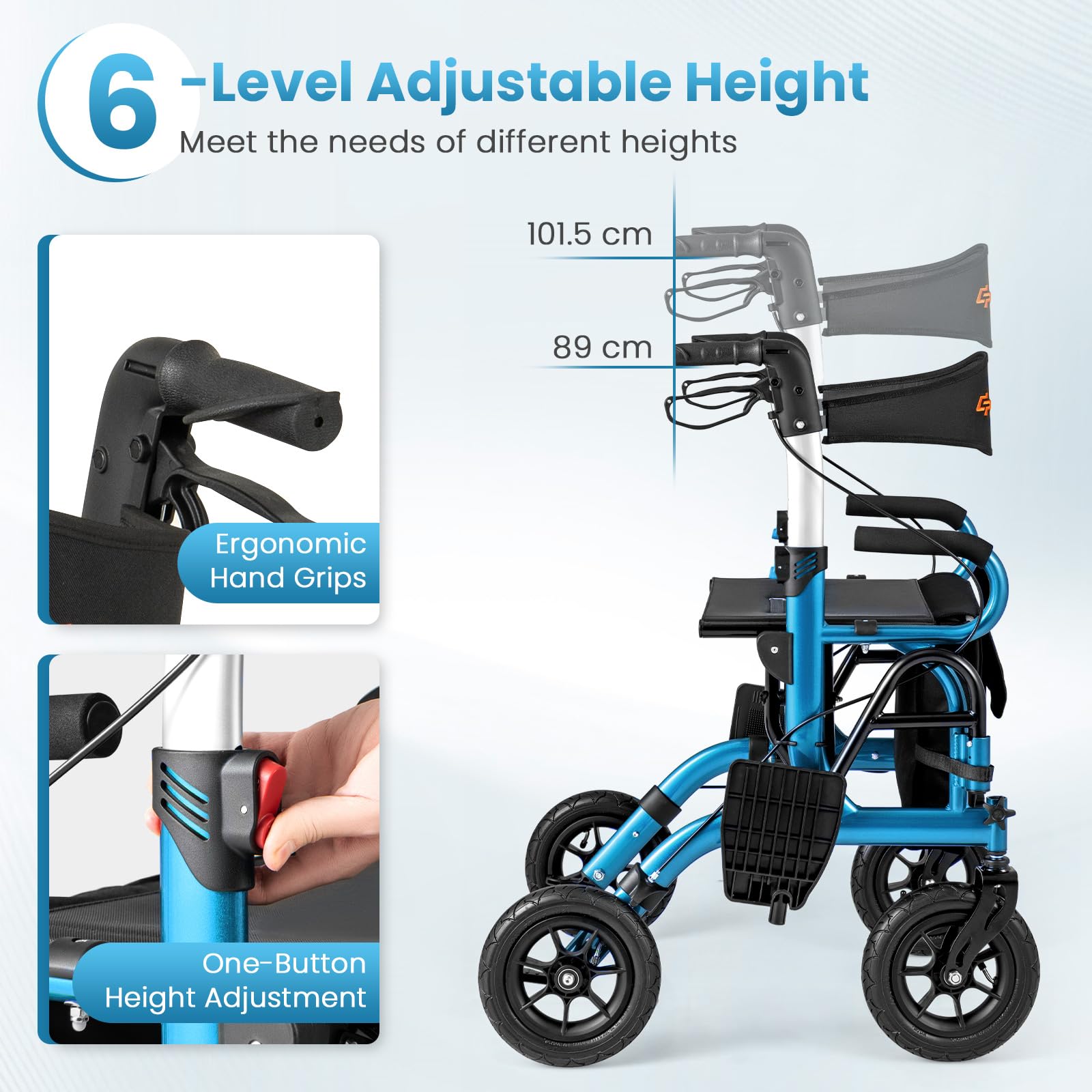 FANTASK 2 in 1 sedia a rotelle e carrello da viaggio, deambulatore in alluminio con design pieghevole, con sistema di altezza, sedia a rotelle con borsa e supporto per bastone (blu)