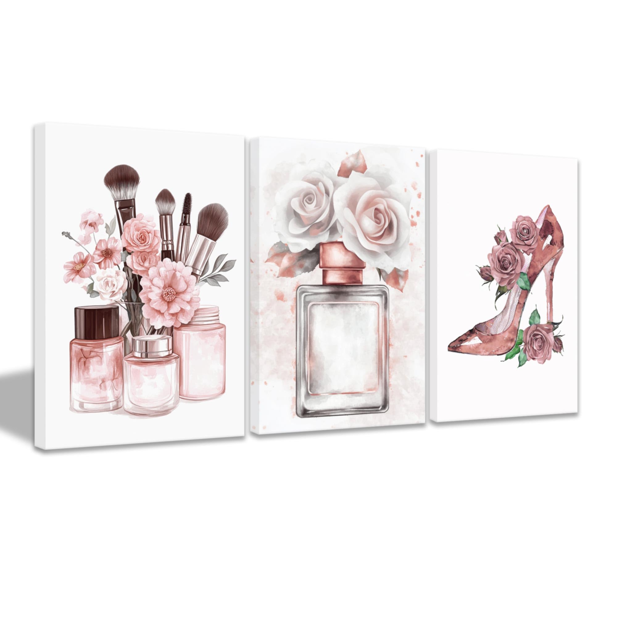 CCWACPP Pink Fashion Canvas Wall Art for Teen Girls Bedroom Pictures 3 Pieces Makeup Room Wall Decor Watercolor Prints Women Lady Beauty Room Decor Framed (40x60cmx3)