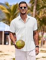 Vista 2 de COOFANDY Camisas de lino para hombre de manga corta, camisas casuales con botones para hombre, camisa de playa de verano, camisa para boda