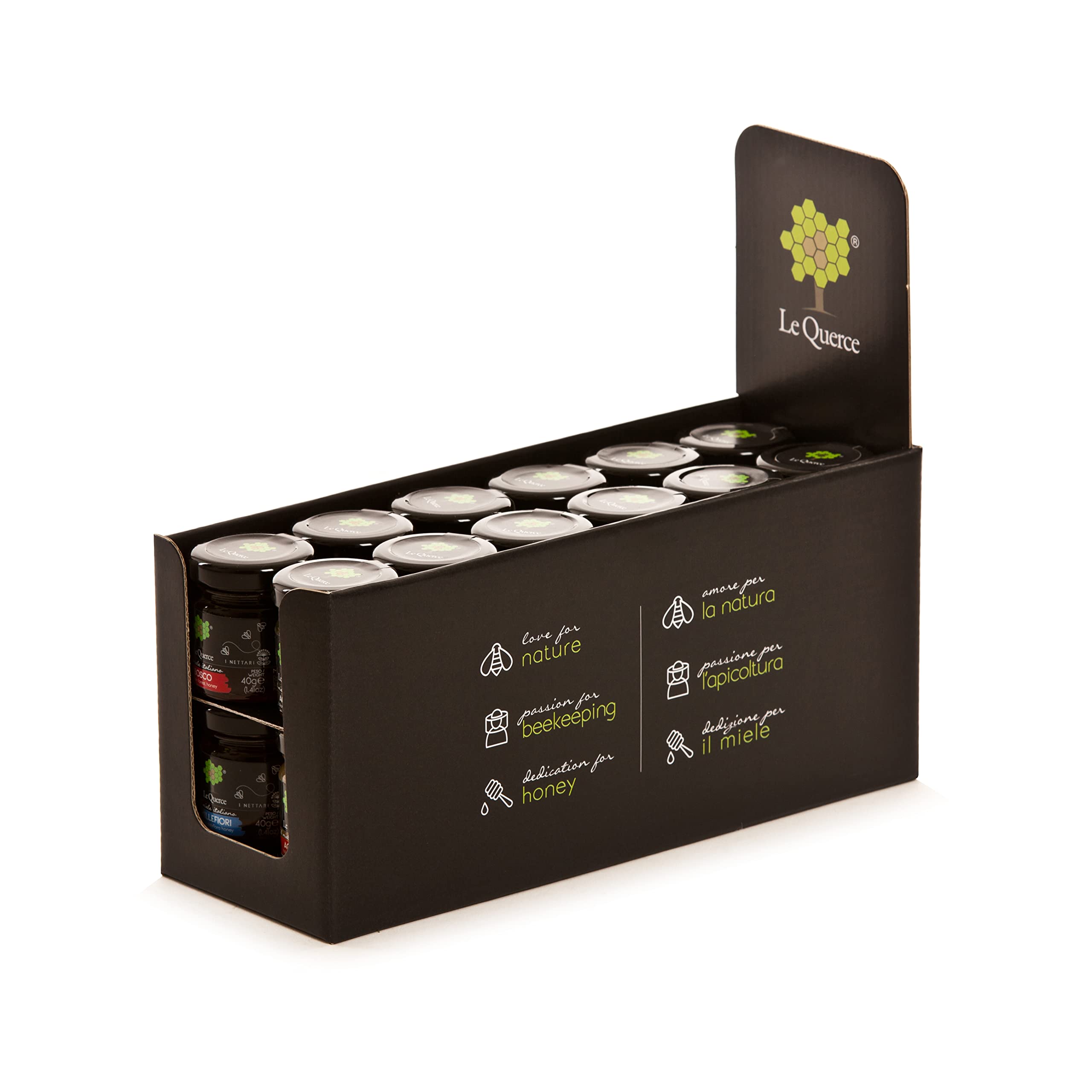 Le Querce Miele Italiano Monodose Assortito 24 x 40g – Degustazione Varietà assortite (Acacia, Castagno, Agrumi, Corbezzolo…) – Confezione Regalo, 100% Naturale