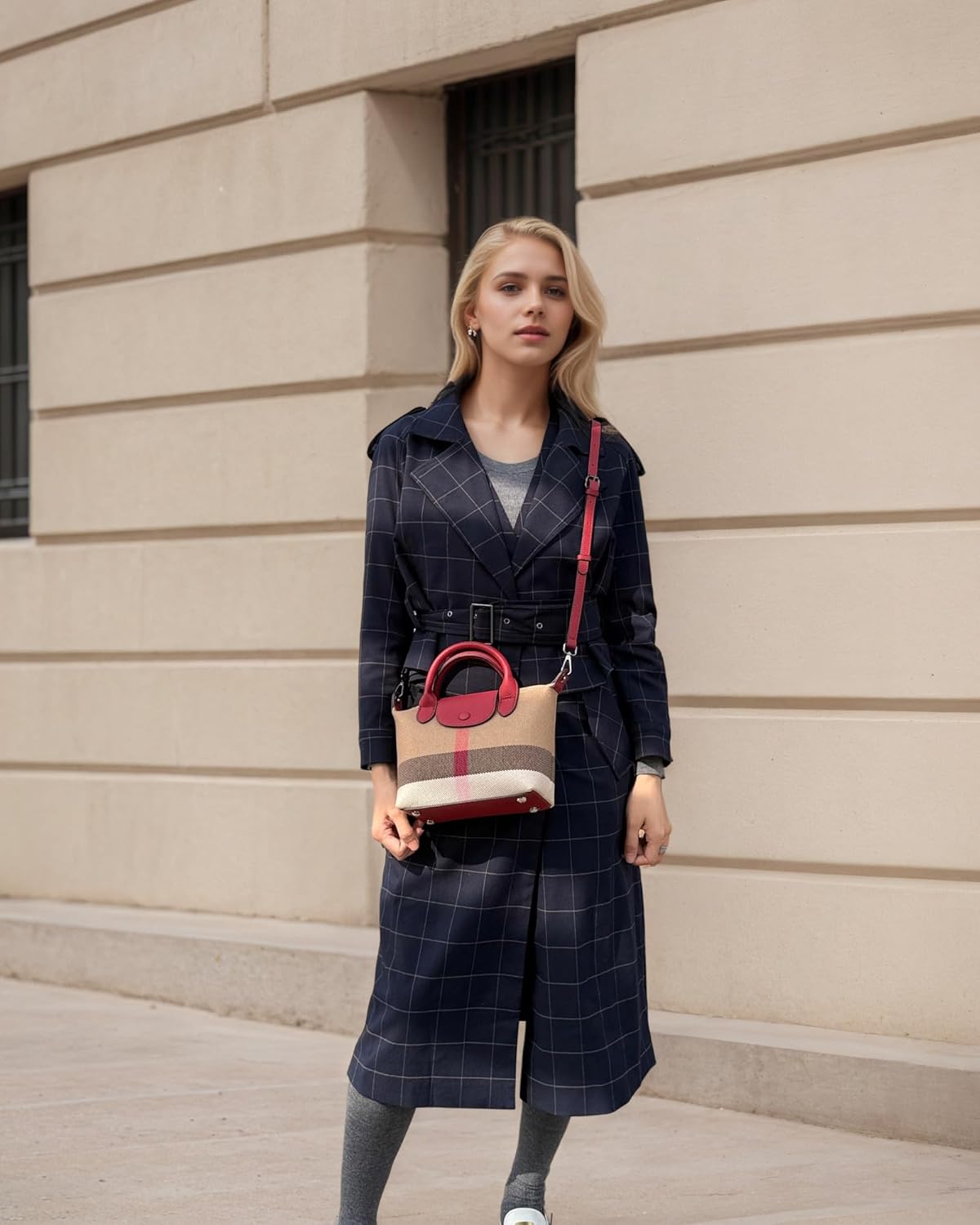 Mini Vintage Plaid purse handbags for women Small adjustable structured satchel purses Stiff canvas Genuine Leather - Image 3