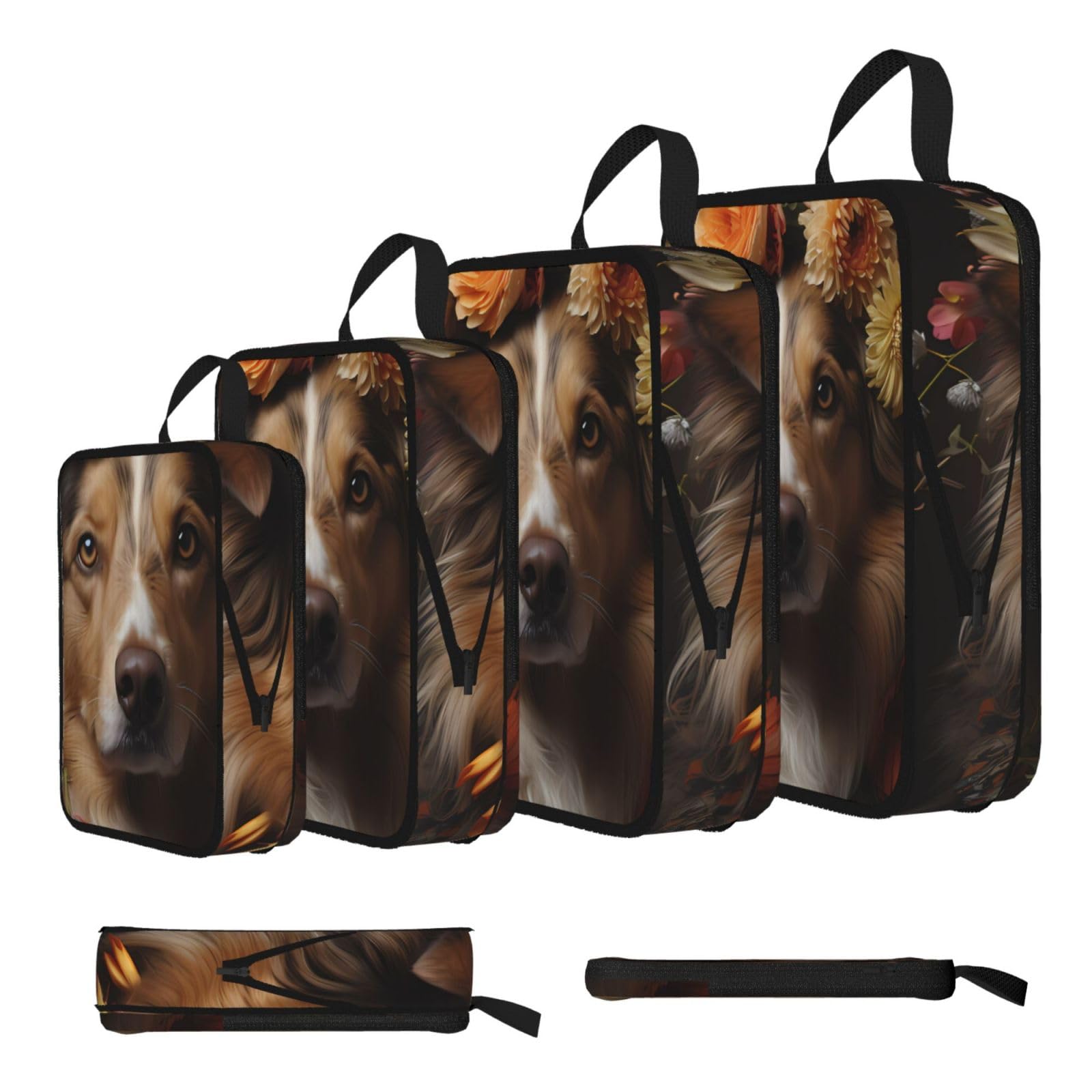 Dog Girl with Flowers Compression Packing Cubes 4 Piece Set