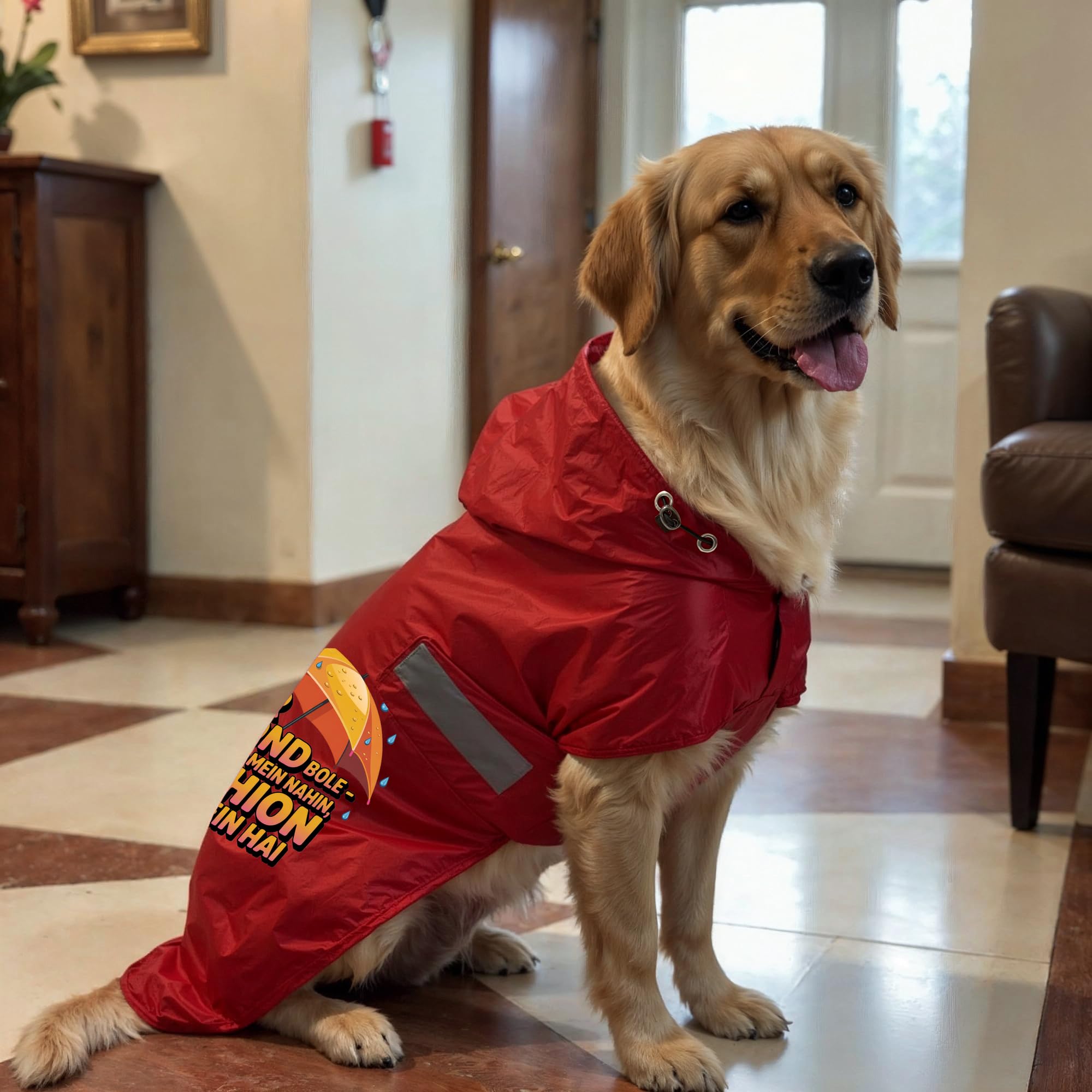 WOW DOG RainRuff Har Boond Bole Dog Raincoat - Size 24 Inch 4XL | Red Waterproof Jacket with Printed Quote, Hoodie & Reflective Trim (Back: 24", Neck: 17.5", Girth: 30") 3