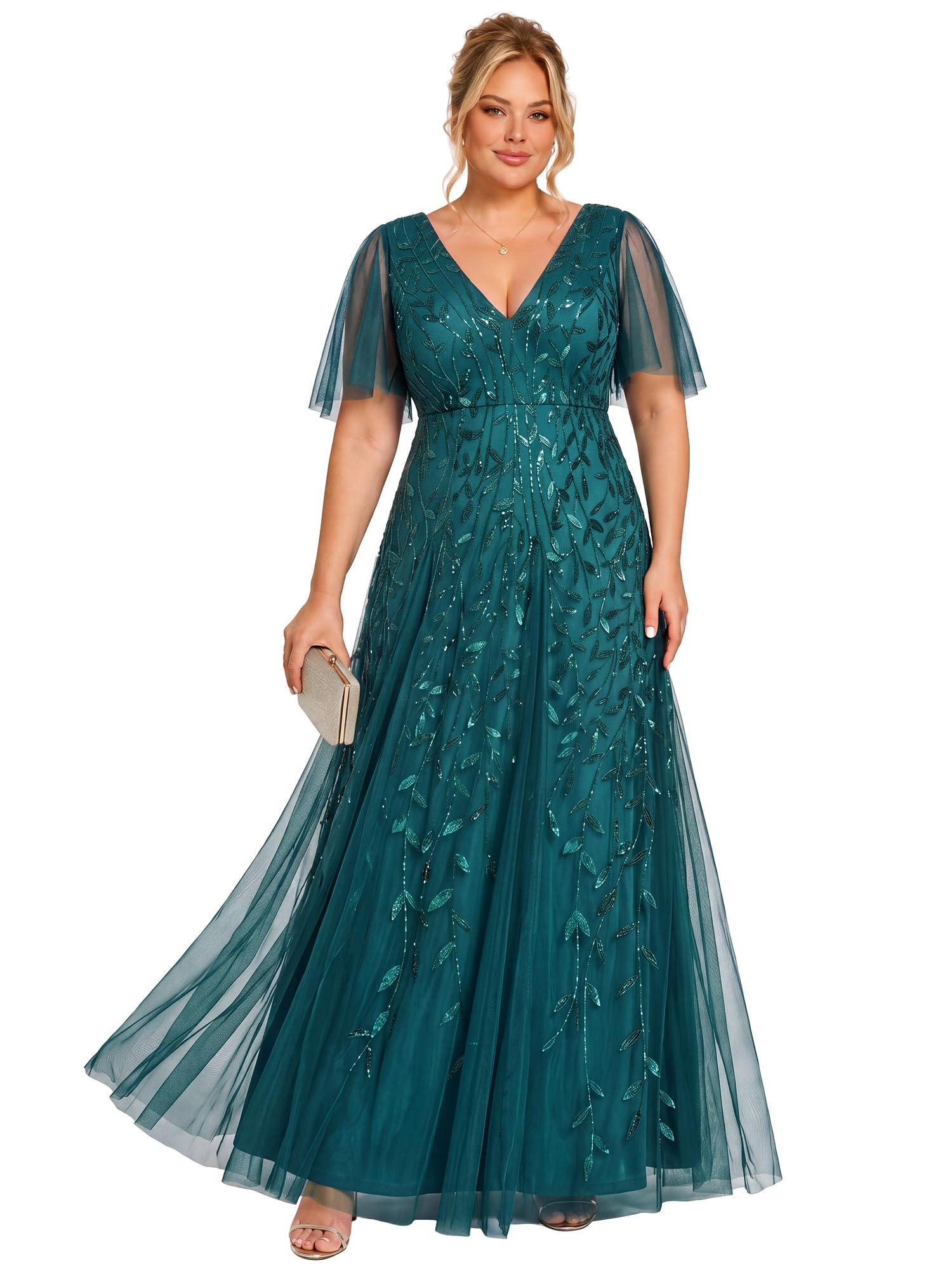 Ever-Pretty Abito da sera da donna con scollo a V e paillettes taglie forti, Verde acqua, 50
