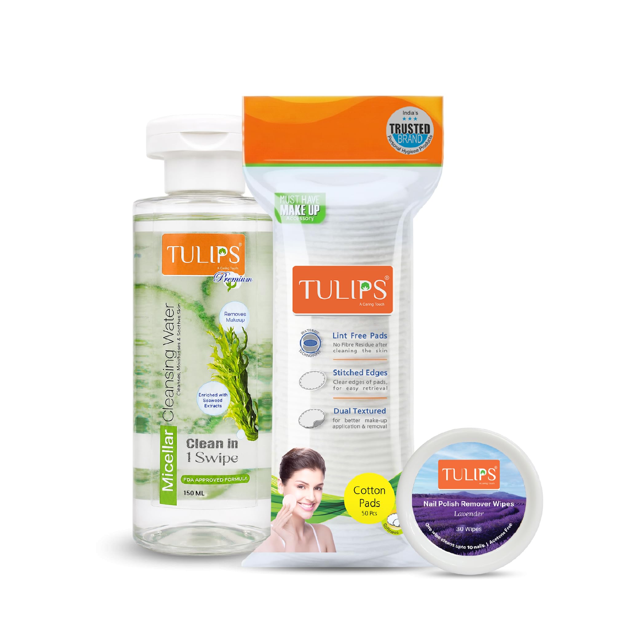 Tulips Complete Makeup Removal Kit | Micellar Water 100ml + Cotton Pads + Acetone-Free Nail Polish Remover Wipes | Gentle Makeup Removal & Nail Cleansing Combo I Suitable for All Skin Type-picture-10