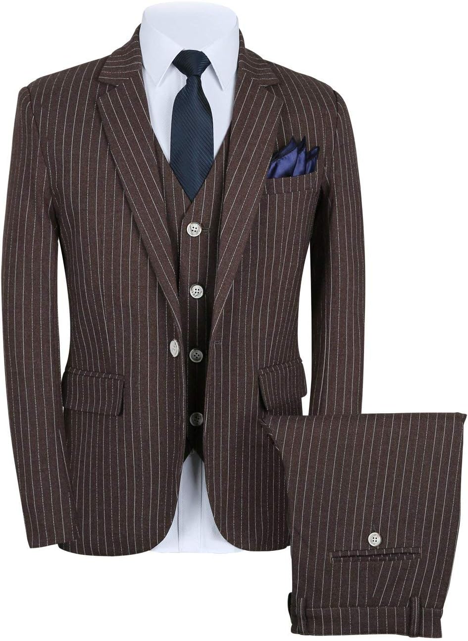 QZI Men's Stripe Suit Notch Lapel Jacket One Button Three Pieces Set Party Tuxedo
