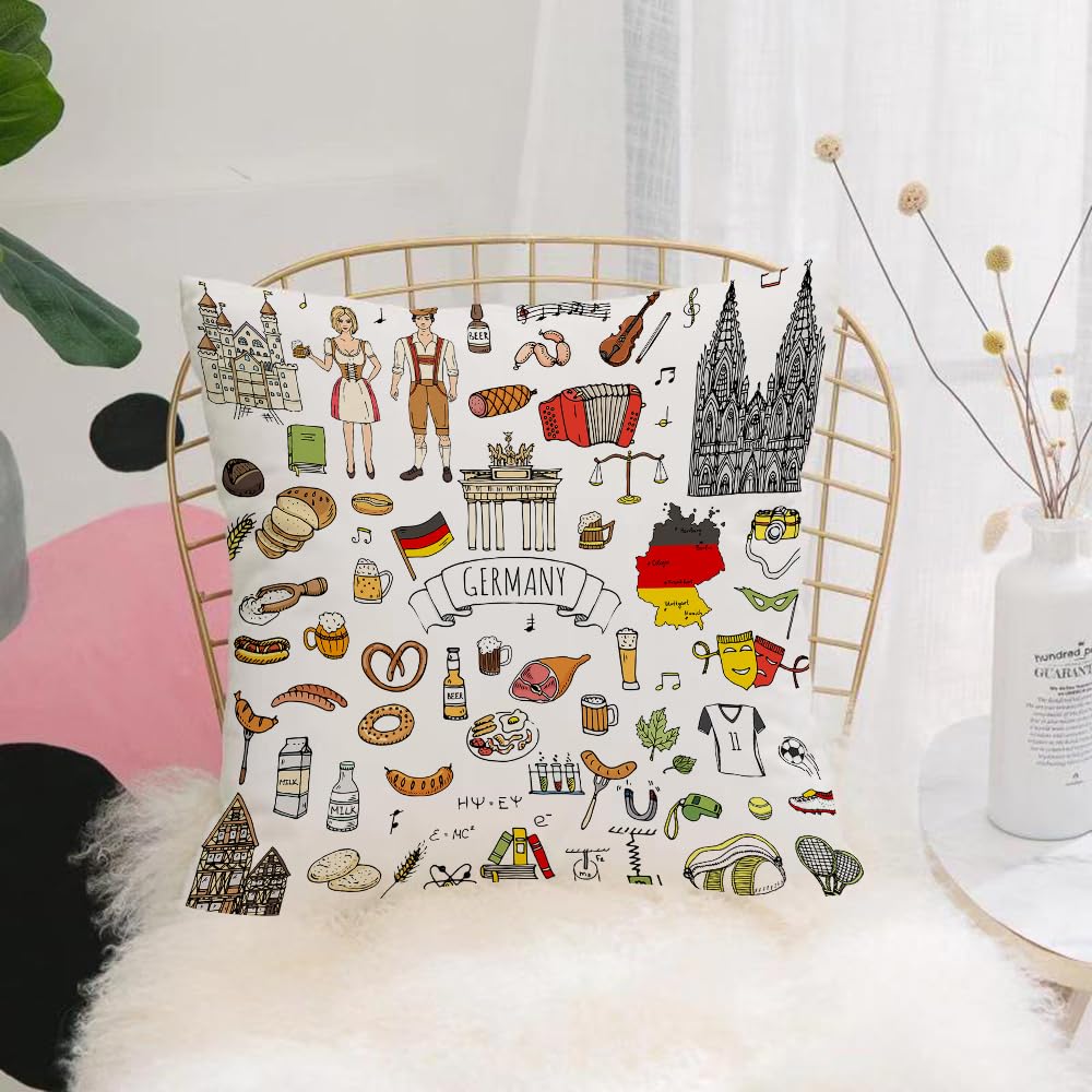 HYOSXW Cushion Cover,Throw Pillow Case Home Decorative for Living Room Bedroom Sofa Chair 16X16 Inch,German,Hand Drawn Doodle of German Culture Icons Football Jersey Food Science a,Pillowcase 40X40cm