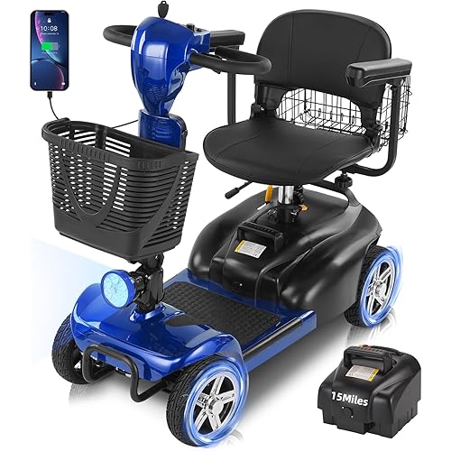 15/30 Miles 4 Wheels Mobility Scooter for Adults&Seniors Up to 300LBS, 350W Electric Powered Wheelchair Device w/Extended Battery, Dual Baskets, Rotating Seat, USB Charging