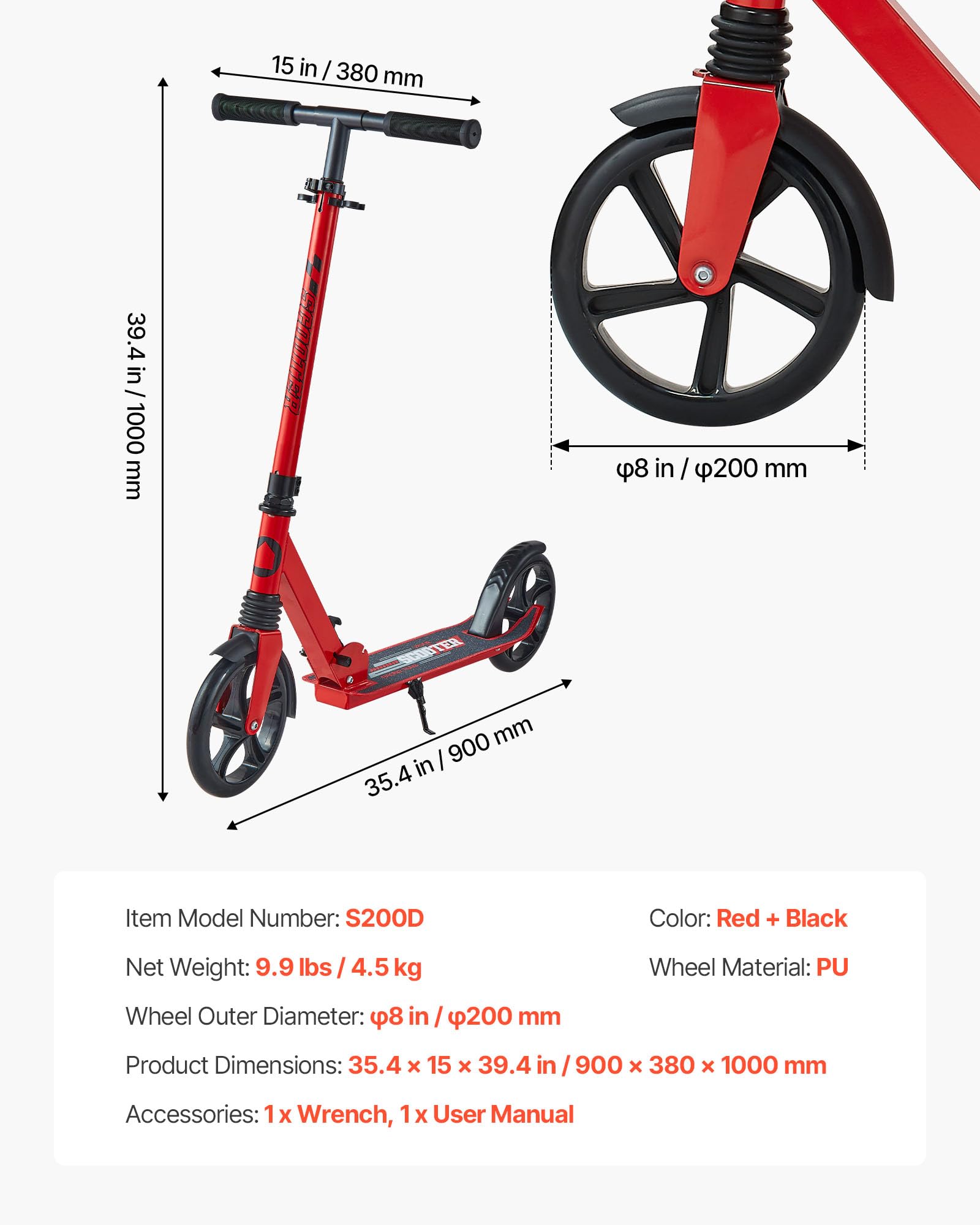 VEVOR Trottinette pour Enfants 8 Ans et Plus, Ados et Adultes, patinette à 2 Roues, Guidon réglable en Hauteur, Plateau antidérapant, Pliable et légère pour garçons et Filles à 100 kg