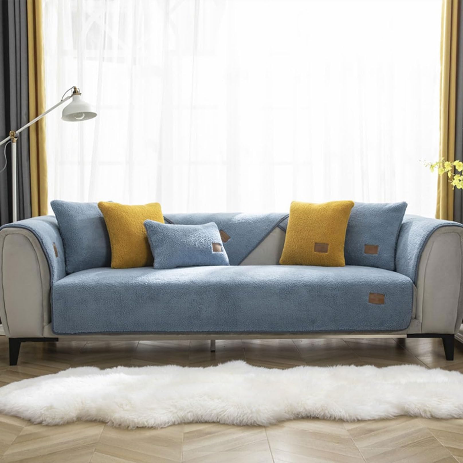 Hsivtns Plush Sofa Cover 1 2 3 Seater, Soft Warm Sofa Slipcover Non-Slip Couch Covers 3 Seater Washable Sofa Protector for Kids/Pets Couch Cover,Blue,90x70cm