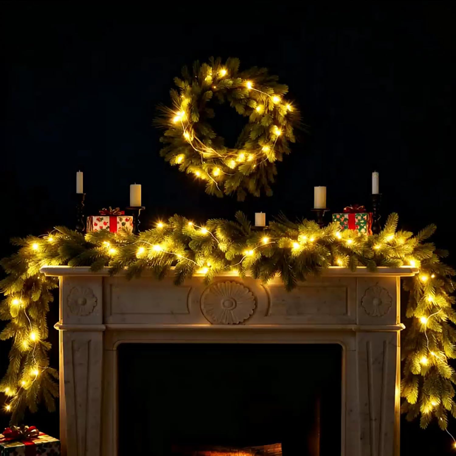 Ghirlanda di Natale Artificiale,5.91FT/1.8M Real Touch Stereo Pine Garland caminetti, per Tavolo, Mantello, Parete, Interni, Decorazioni Natalizie Aall'aperto,Verde