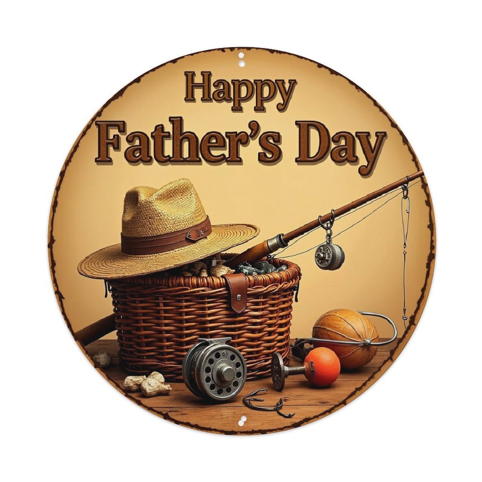 Happy Fathers Day Fishing Gear Retro Metal Sign Round Tin Sign, Vintage Decor Art Poster for Bar, Home, Man Cave, Kitchen, Laundry Room Gift 8x8Inch