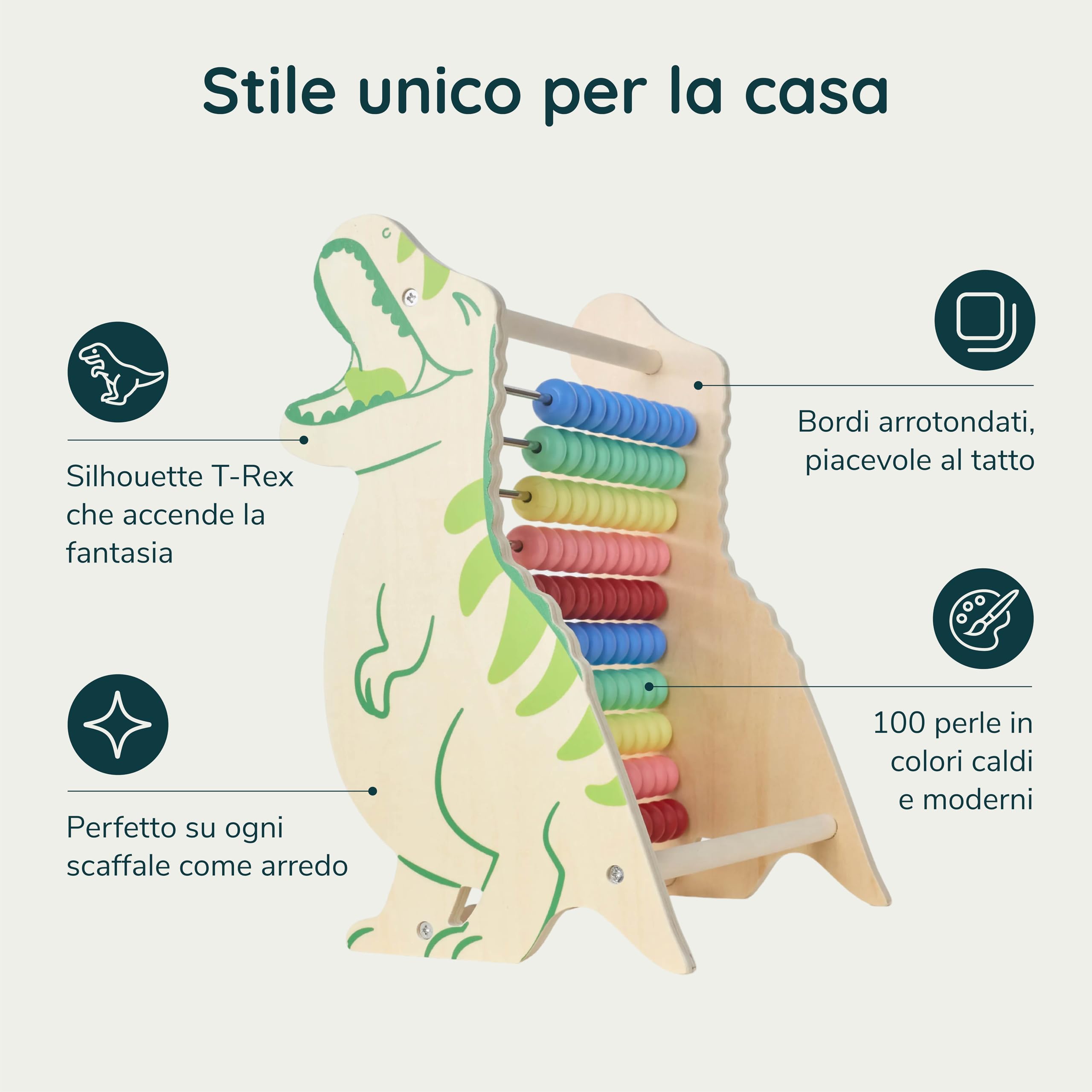 Twig & Leaf Abaco Montessori e Pallottoliere per Bambini in Legno FSC - Abaco Scuola Primaria per Imparare a Contare - Regoli Matematica Verticale e Gioco Educativo Dinosauro per Decine e unità