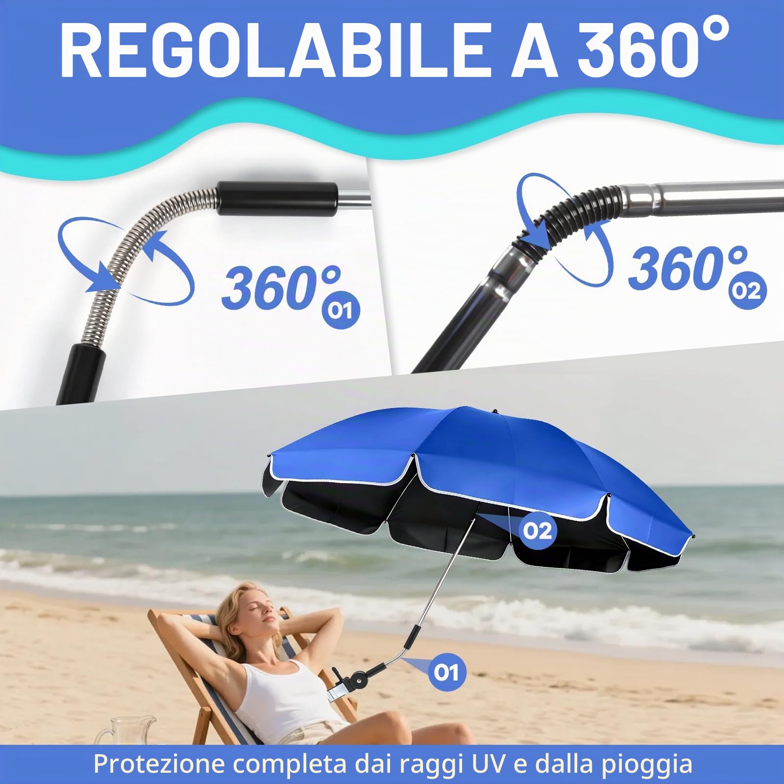 Confezione da 2 Ombrelloni da spiaggia con Morsetto Universale, UPF 50+ 360° Orientabile, Parasole Portatile per sedia da Campeggio, sedia a Rotelle, Sedie da patio, Passeggino