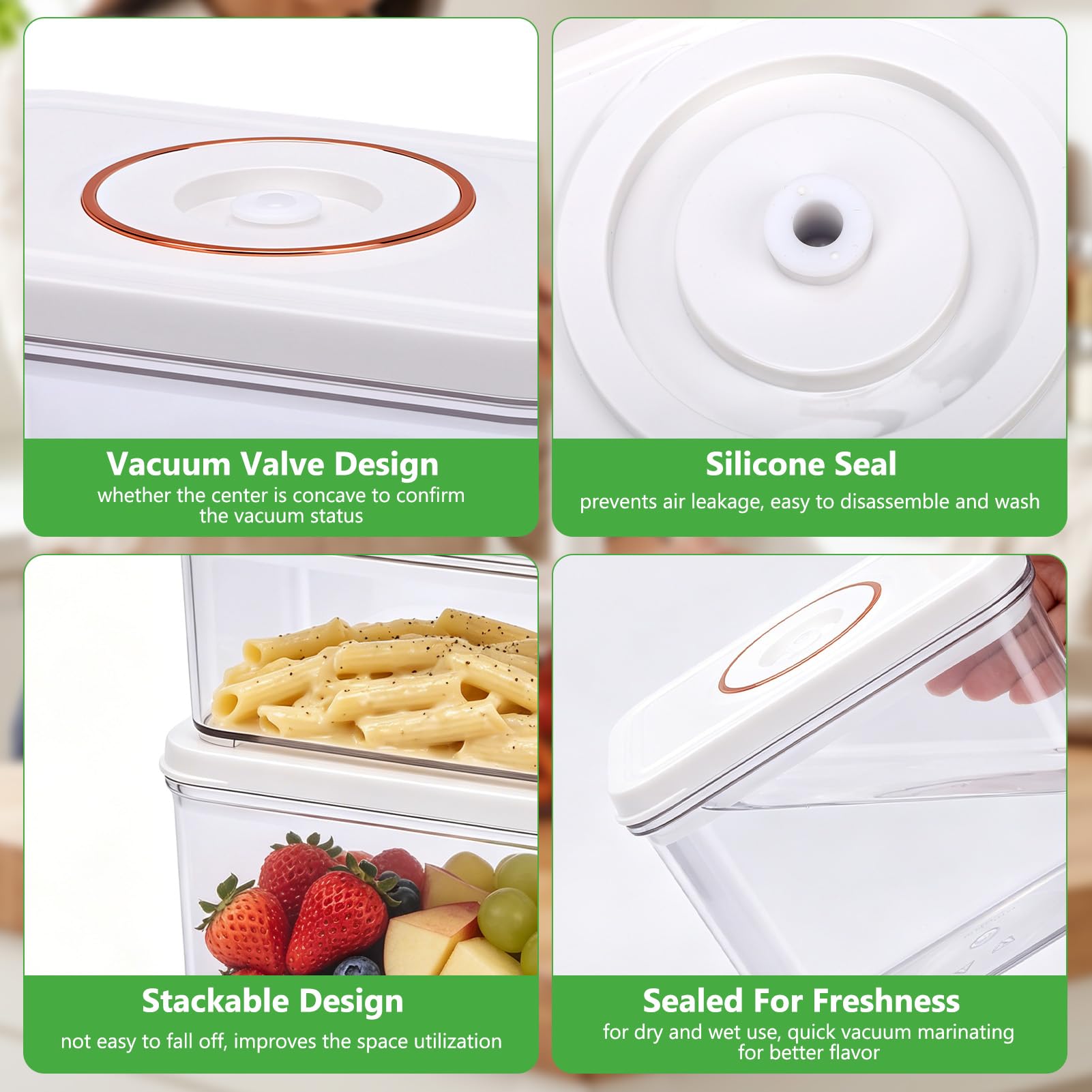 Set di 3 contenitori riutilizzabili ermetici e rettangolari, da 850 ml, 1300 ml e 1800 ml, con coperchi per sottovuoto frutta e verdura in frigorifero