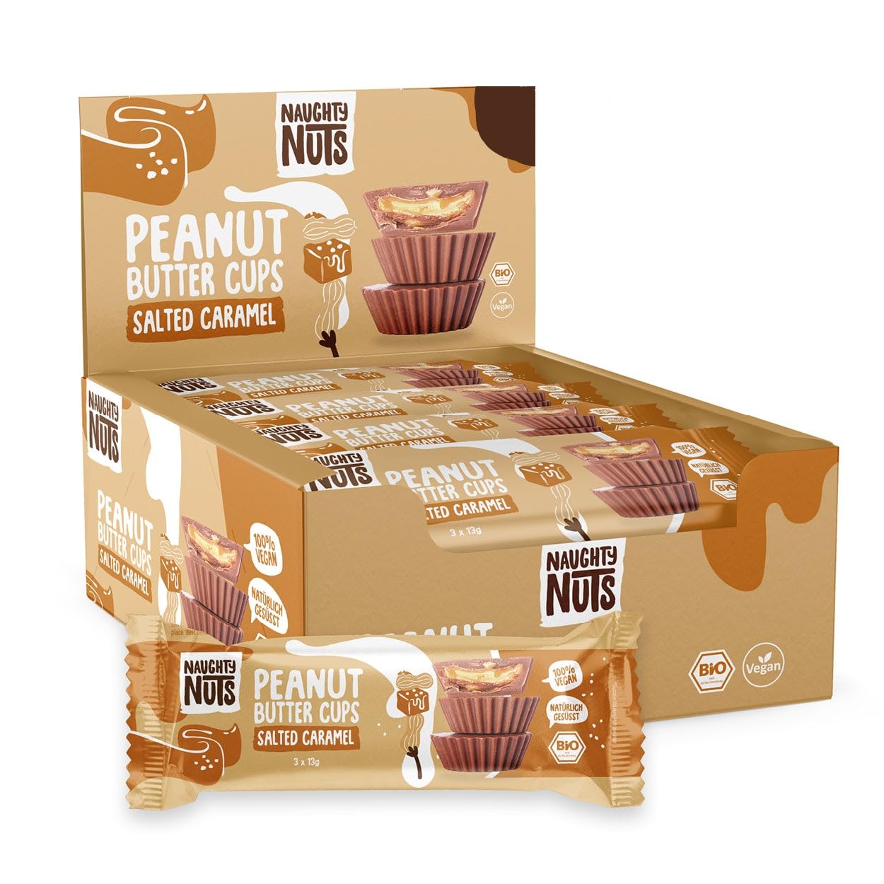 Naughty Nuts Bio Barritas de Mantequilla de Cacahuetes con Caramelo Salado – Veganas, sin Aceite de Palma y con un 44% Menos de Azúcares Refinados – 12 x 39 g