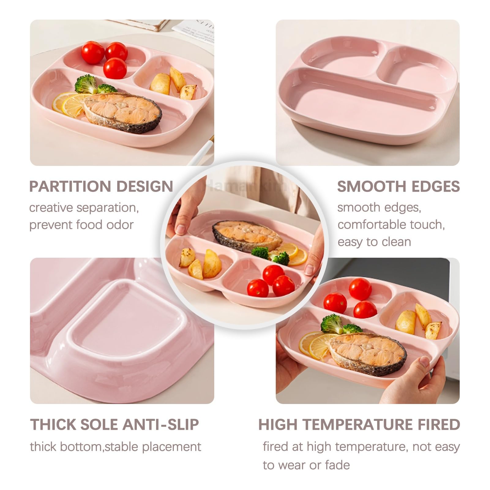 Plat séparateur d'aliments, assiette de contrôle d Assiette divisée de 8 pouces avec 3 compartiments, plateau à dîner en céramique for une alimentation rationnelle, plateau robuste for le camping en p