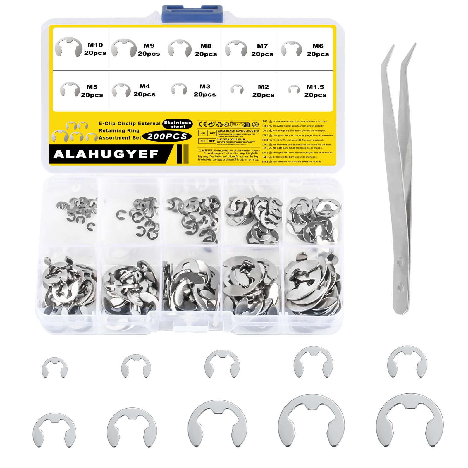 MOLENCO E-Clips, 450 Stuks Borgringen Verschillende Maten, E-Clip Borgring Assortiment met Opbergdoosje Voor het Bevestigen van Lagers, Tandwielen en Poelies (13 Maten