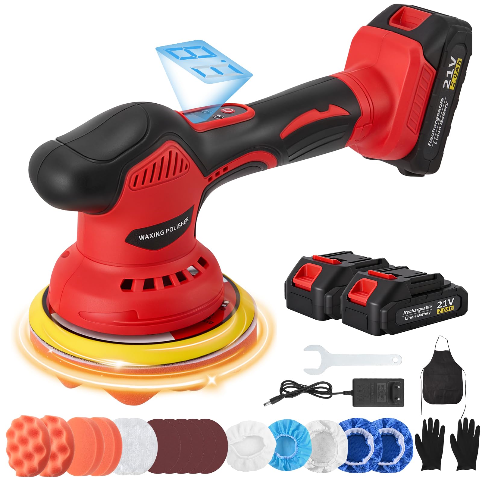 Pulidora Inalambrica Coche, 21V Pulidora Coche Orbital 2 Baterías, 8 Velocidades Variables 2800-5500 RPM, Pulidoras Bateria para Pulir Coche y Encerar