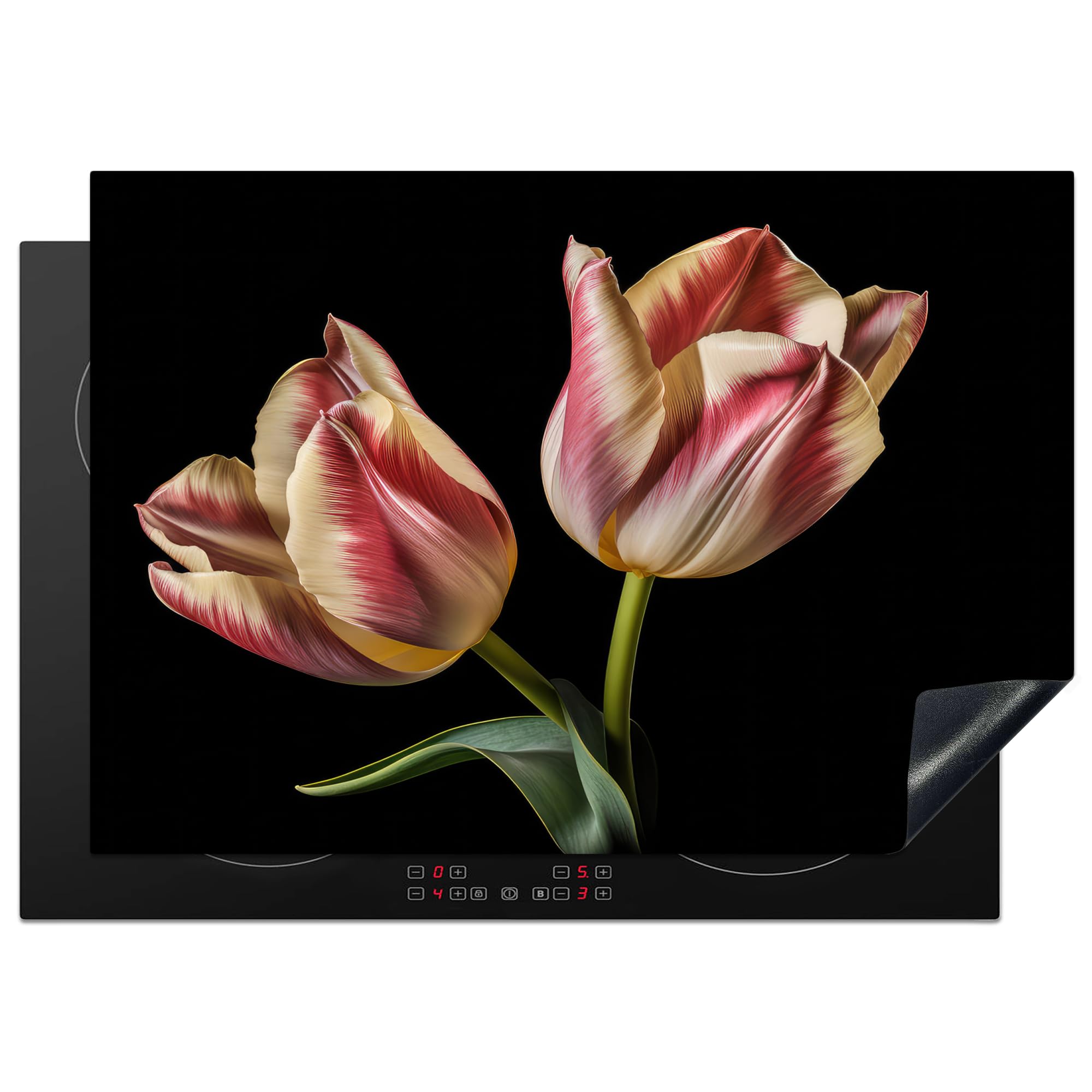 KitchenYeah© Induction Hob Cover Protector Mat 20.5"x29.5" / 75x52 cm Kitchen Universal Ceramic Covers for Electric Cookers Vinyl Tulips - Flowers - Pink - White - Nature
