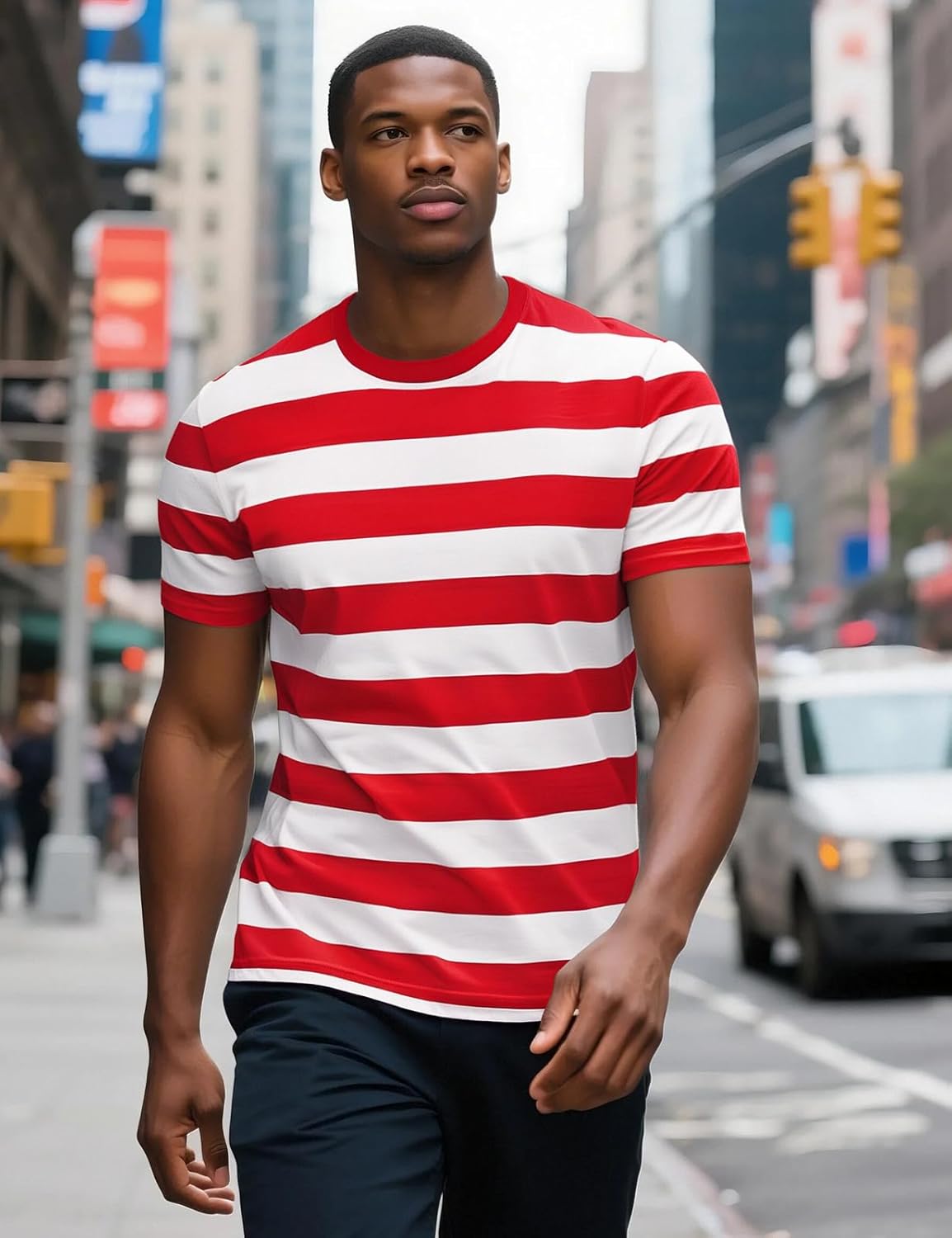 Funny World Men's Cotton Striped T-Shirt Crew Neck Short Sleeves Basic Casual Top - Image 3