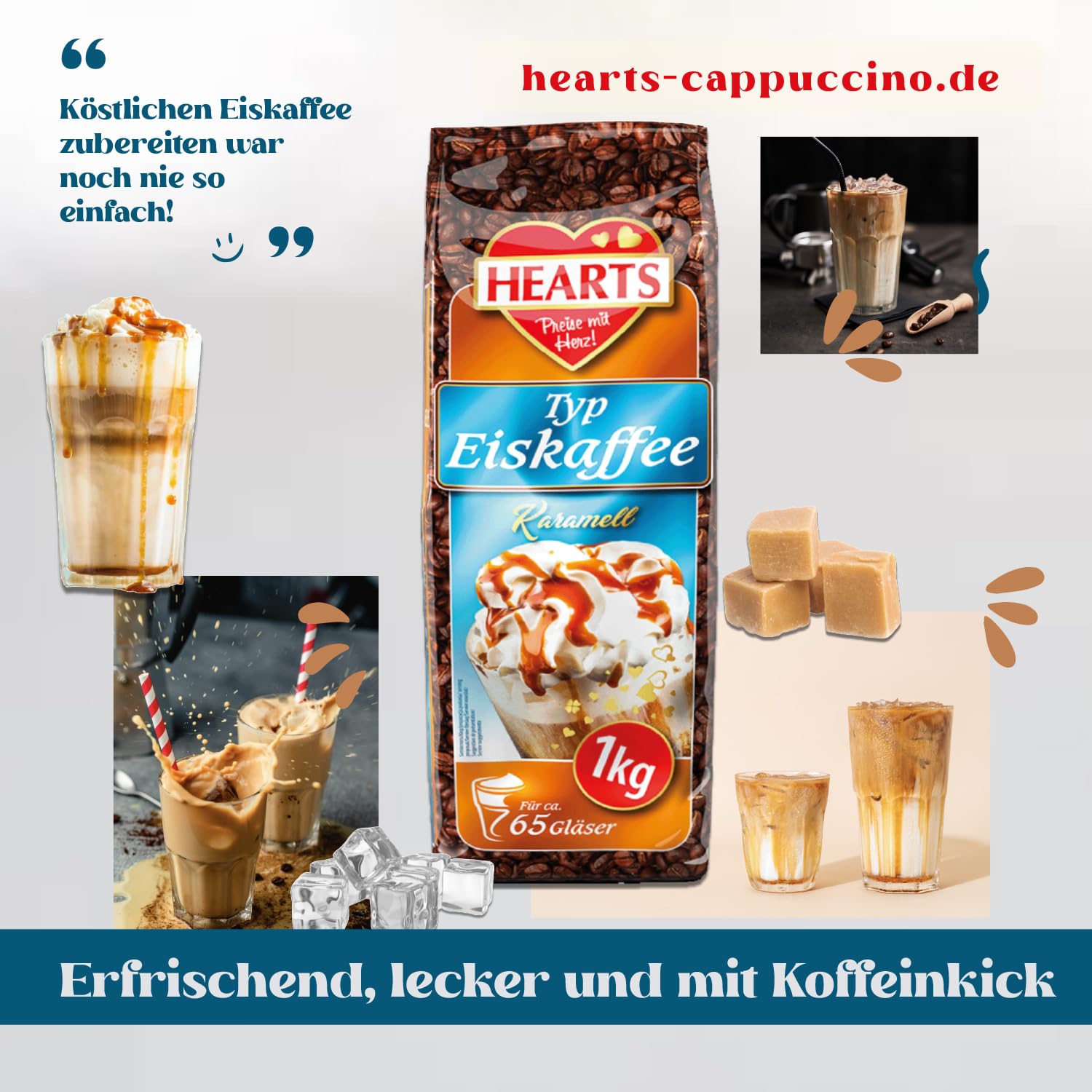 HEARTS Eiskaffee Karamell 10 x 1 kg Instantpulver für Eiskaffee mit Karamellgeschmack, Vorratspackung, Sommergetränk im Beutel, für heiße Tage, erfrischendes Getränk mit schneller Zubereitung