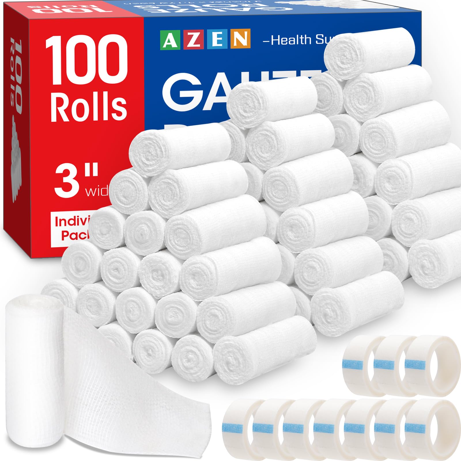 AZEN Paquete de 100 rollos de gasa, 3 pulgadas x 4.1 yardas, suministros de primeros auxilios y suministros médicos de primera cal