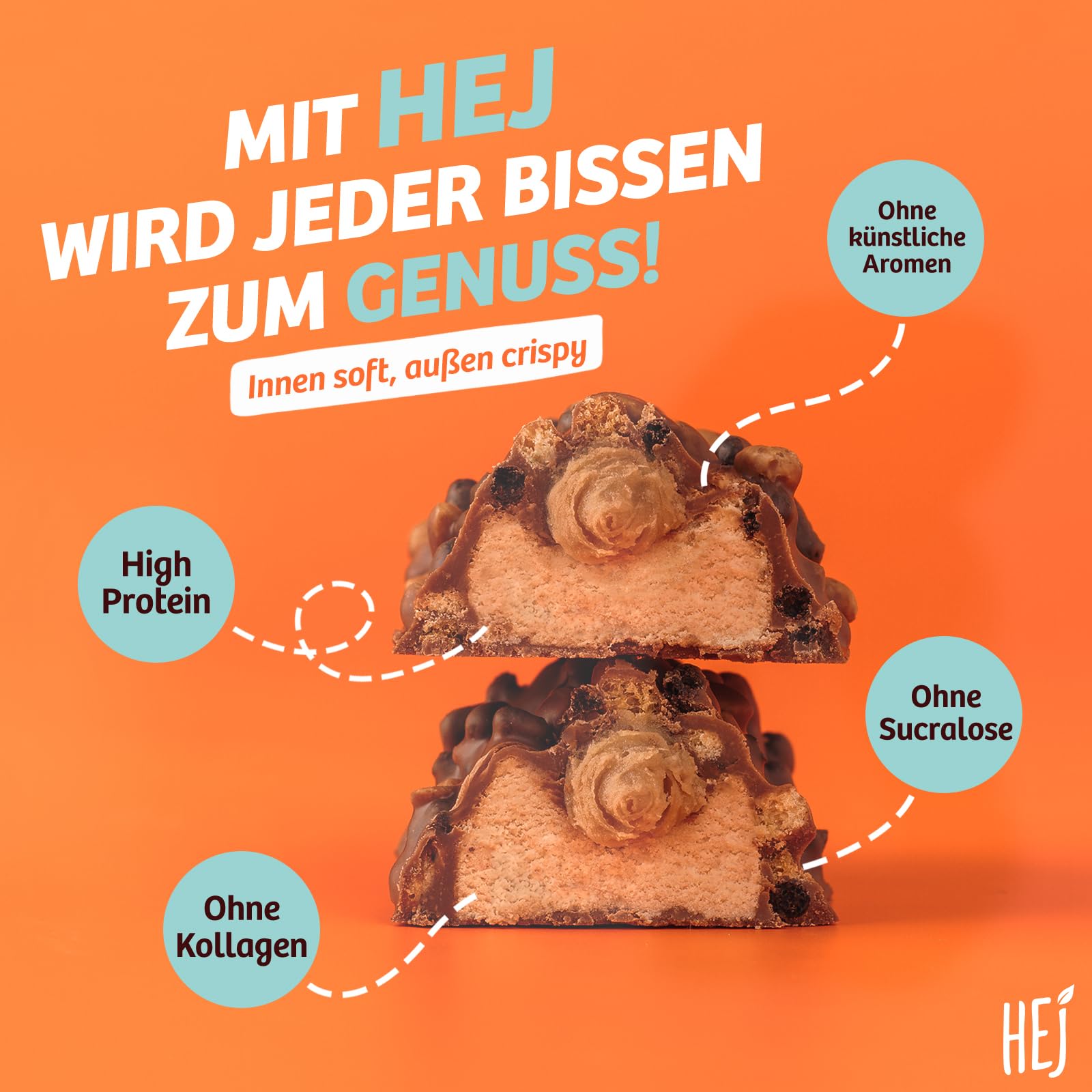 HEJ Crispy Protein-Riegel - Zuckerarmer High-Protein-Snack - Mit 14g Eiweiß - Vegetarisch - Ohne Künstliche Aromen & Sucralose - Salted Caramel 12 x 45g