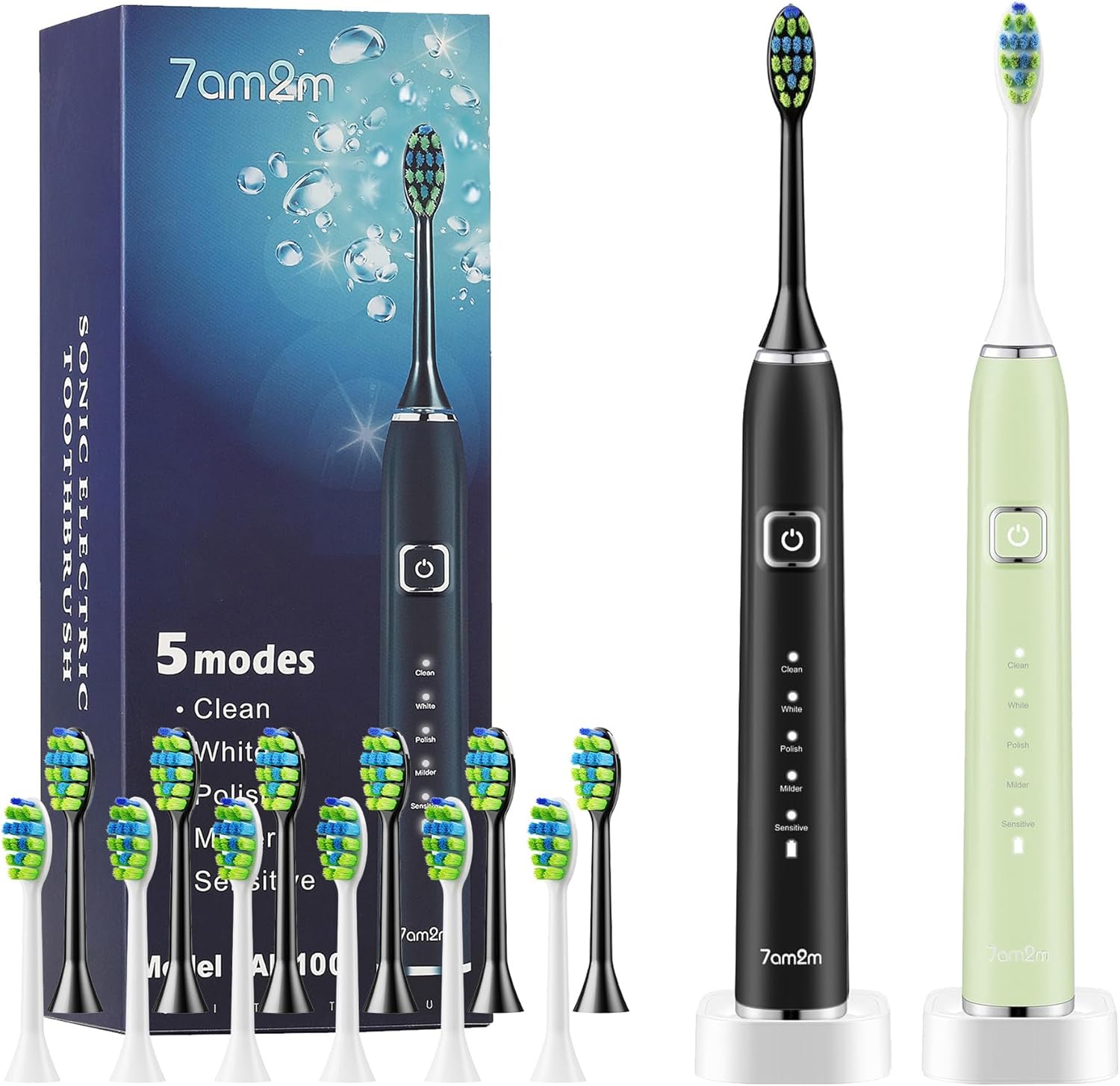 7AM2M Electric Toothbrush 2 Pack Set for Kids and Adults, 12 Brush Heads,5 Adjustable Modes, Built-in 2-Minute Smart Timer, Wireless Fast Charge for 60 Days,IPX7Waterproof SonicToothbrush(Green+Pink)