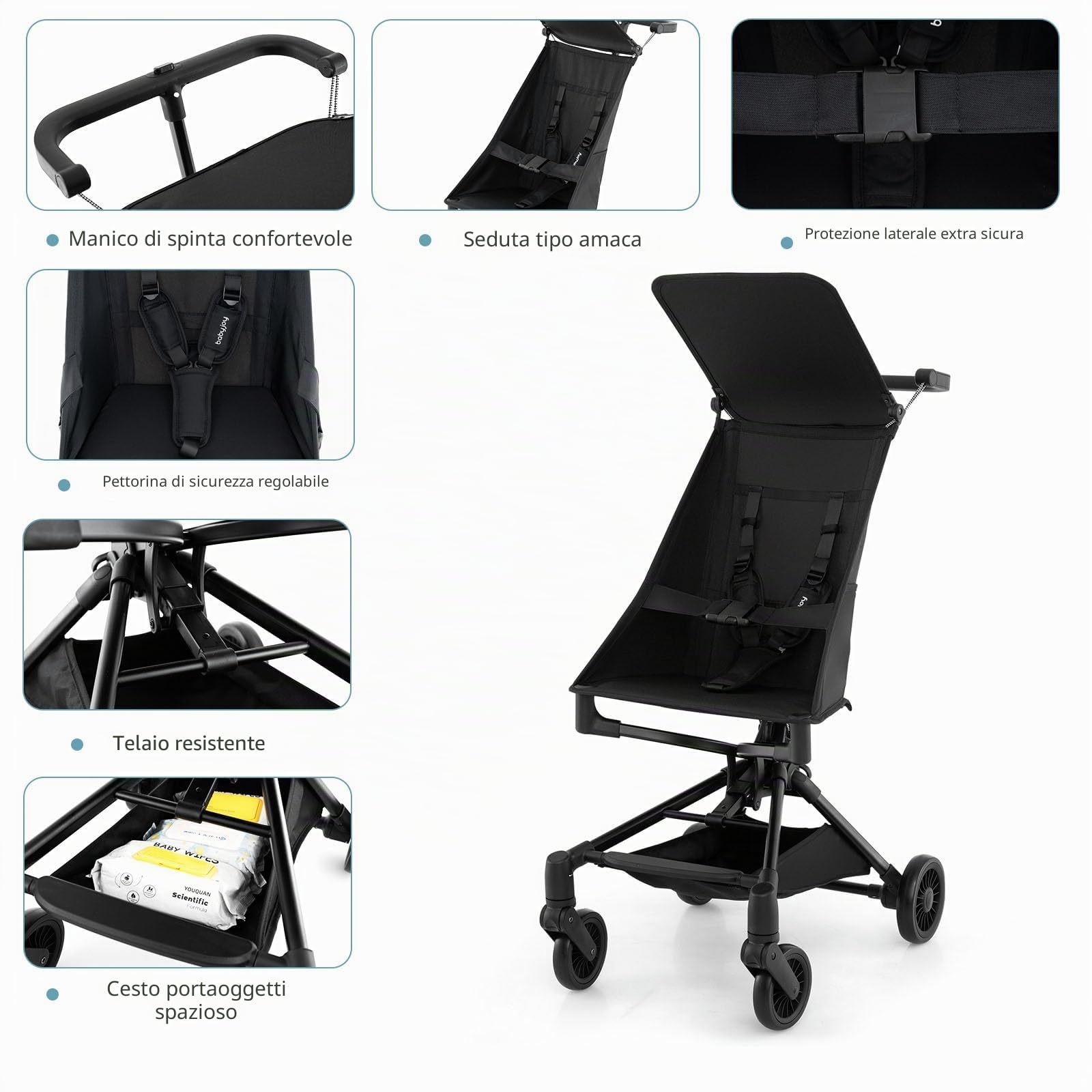LIFEZEAL Passeggino Ultraleggero 5kg per Bambini 6-36 Mesi, Passeggino Compatto a Ombrello, per Viaggio, Aereo, Pieghevole, Regolabile, con Cintura di Sicurezza, Ruote, Freno, Parasole, Cesto, Nero