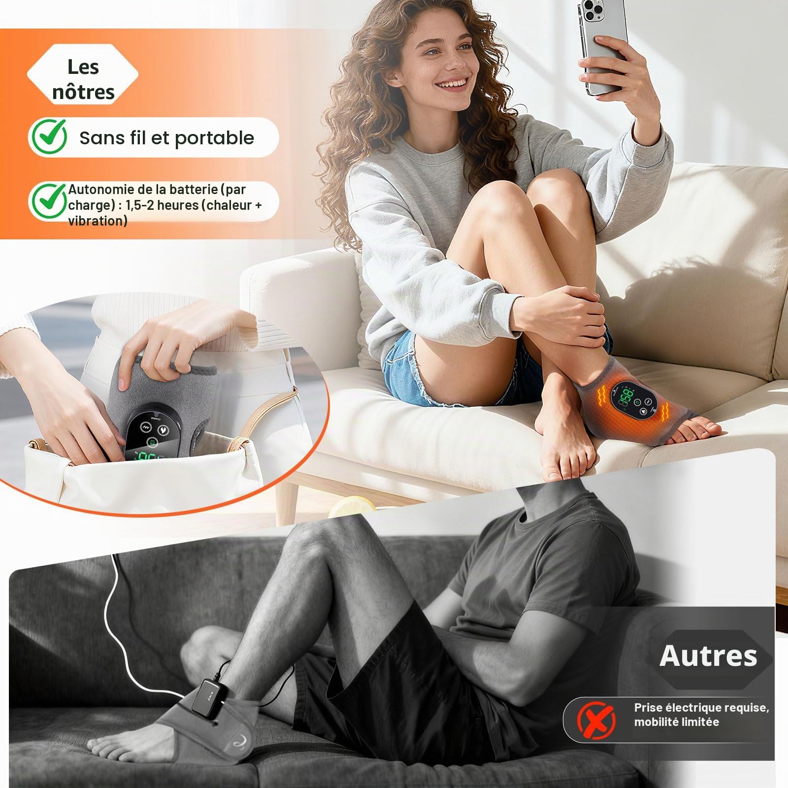 Appareil de Massage et Chauffant pour Pieds et Chevilles – Compresse Chauffante 2-en-1, 6 Niveaux de Chaleur & 3 Modes de Vibration, Rechargeable, Gris
