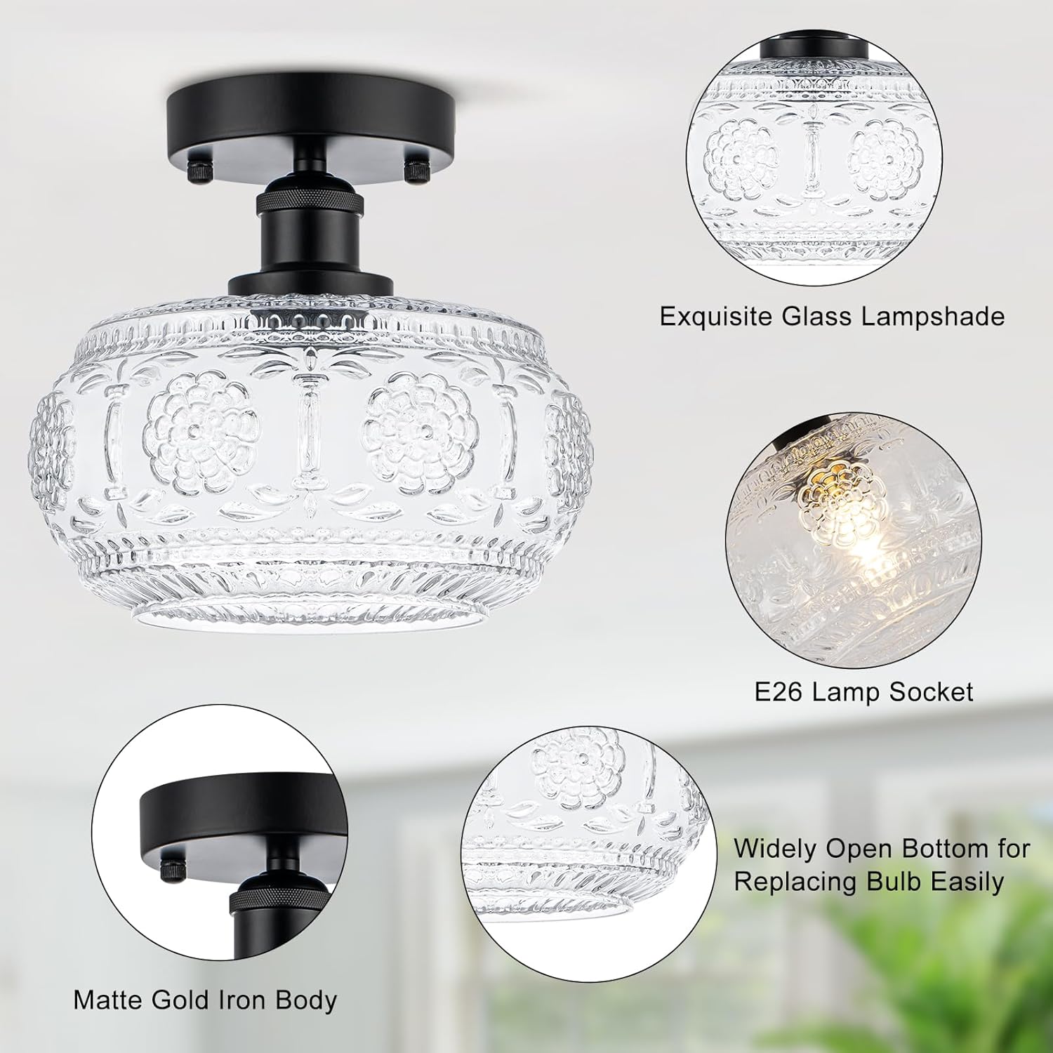 Semi Flush Mount Ceiling Light Fixture - Black Metal Base & Floral Glass Shade, Modern Vintage Lighting for Entryway, Bathroom, Kitchen, Bedroom (Bulb Not Included)