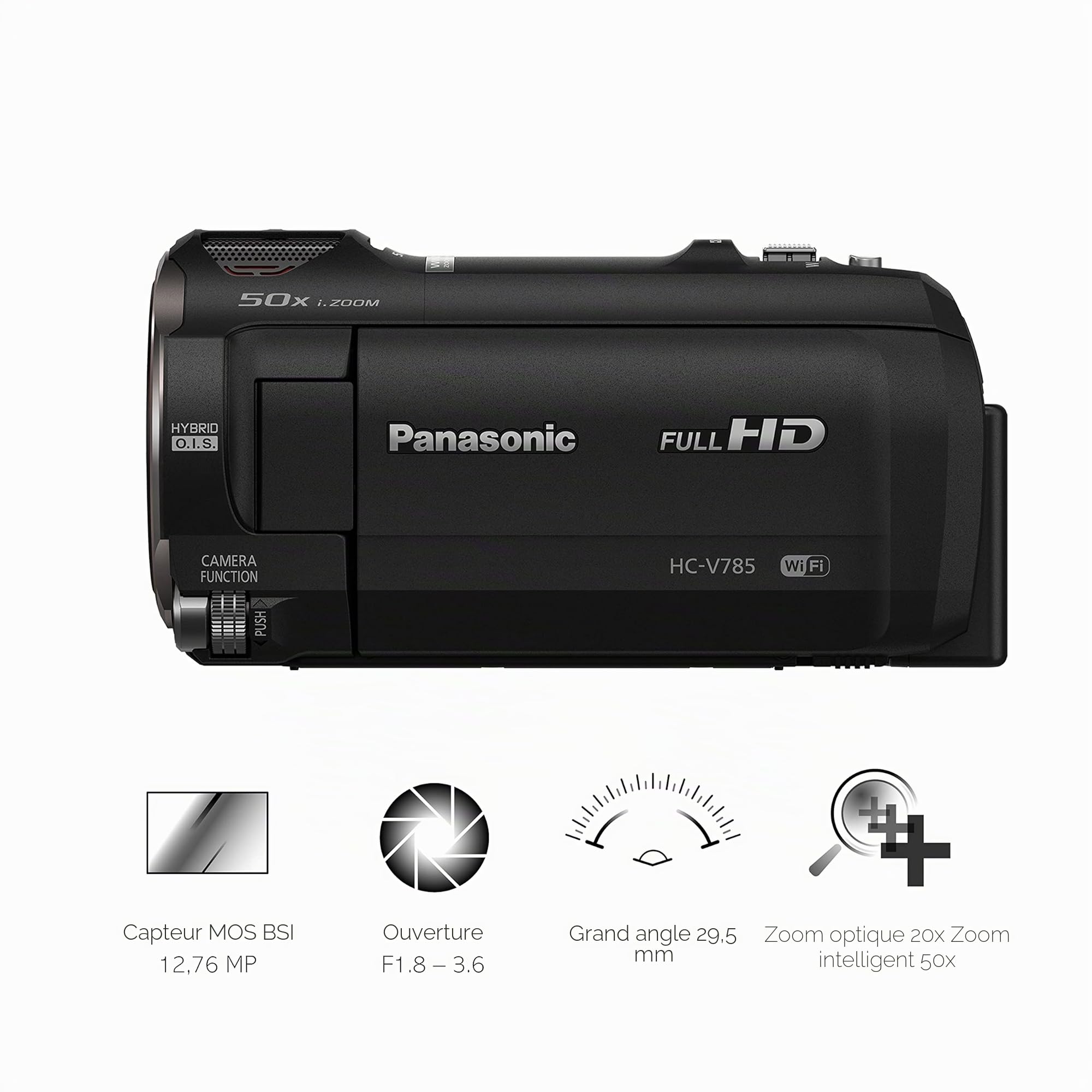 Panasonic V785 I Caméscope Full HD (Qualité vidéo Full HD 50p, Zoom Optique 20x, Grand Angle 29.5mm, Ecran Tactile, Stabilisé, Double caméra, HDR, WiFi et NFC) Noir – Version Française