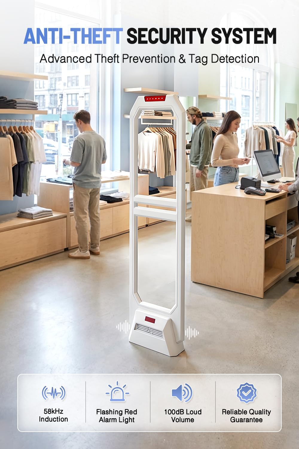 Portique Antivol AM 58kHz, Antenne de Sécurité Magasin avec Détection Fiable et Alarme Sonore et Lumineuse, Blanc, Kit avec 100 Étiquettes Antivol pour Petits Commerces