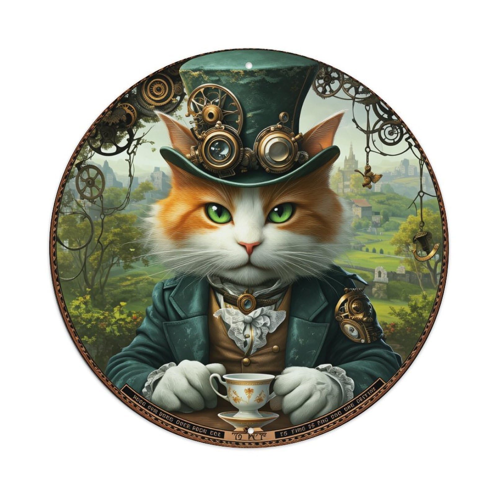 Steampunk Cat Tea Time Landscape Round Tin Sign Retro Metal Sign for Cafe Bar Pub Home Game Room Gym Club Wall Decoration Vintage Metal Poster 8x8 Inch