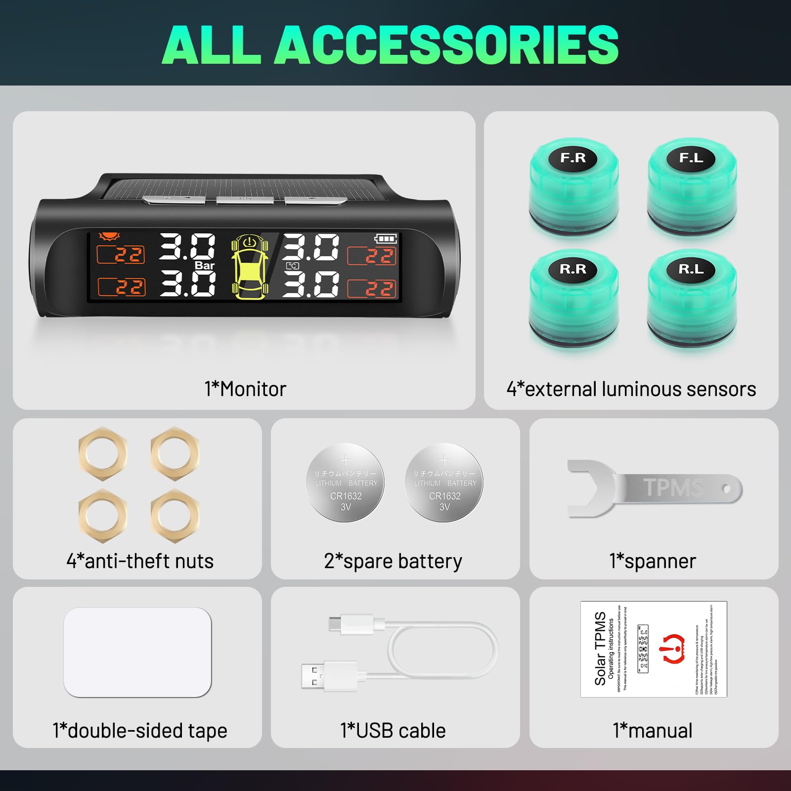 TPMS Sistema di controllo della pressione dei pneumatici 6 Bar, monitor della pressione dei pneumatici solare con sistema di allarme con 4 sensori illuminati per camion e camper