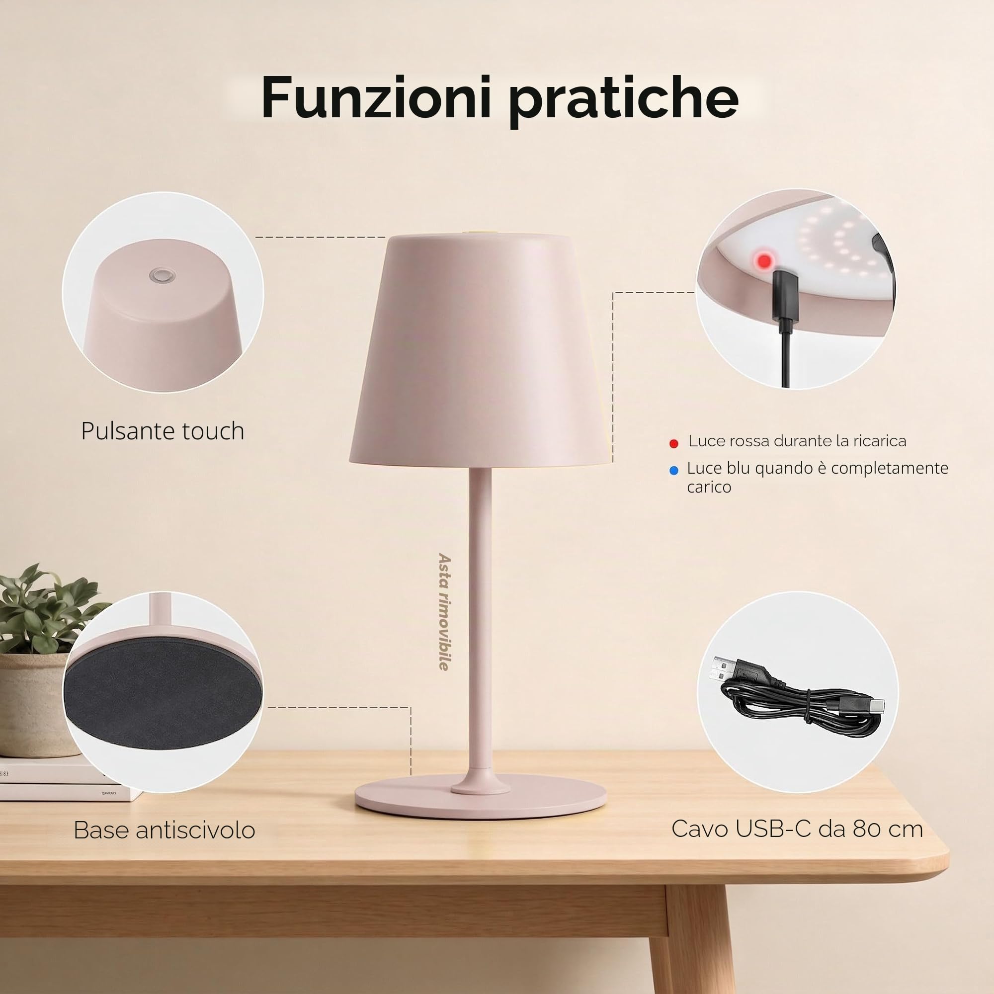 2 Pezzi Lampada da Tavolo Senza Fili in Metallo, Lampada Comodino | Lampada da Scrivania Ricaricabile, Abat Jour LED per Interno Esterno, Luce Calda a 3 Livelli, Corpo Metallico,IP54,Rosa Beige