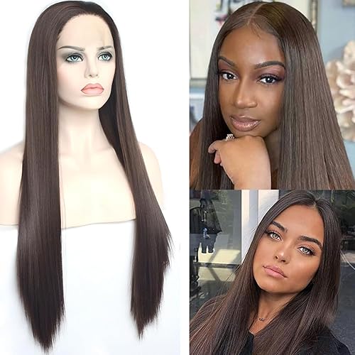 Miniatura 7 de Pelucas de encaje frontal marrón oscuro de 13 x 4 pulgadas, cabello lacio largo resistente al calor, cabello sintético marrón chocolate, pelucas