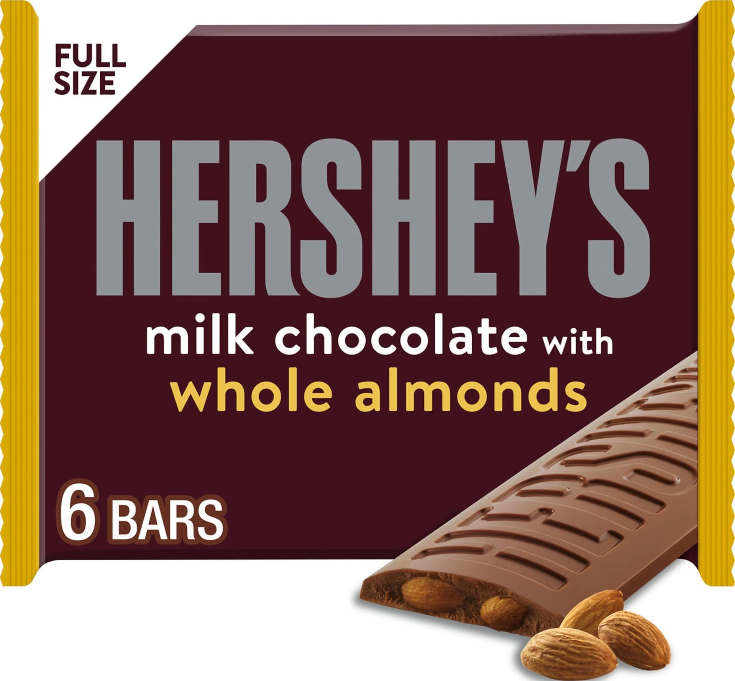 HERSHEY'S Milk Chocolate with Whole Almonds Candy Bars, 1.45 oz (6 Count)