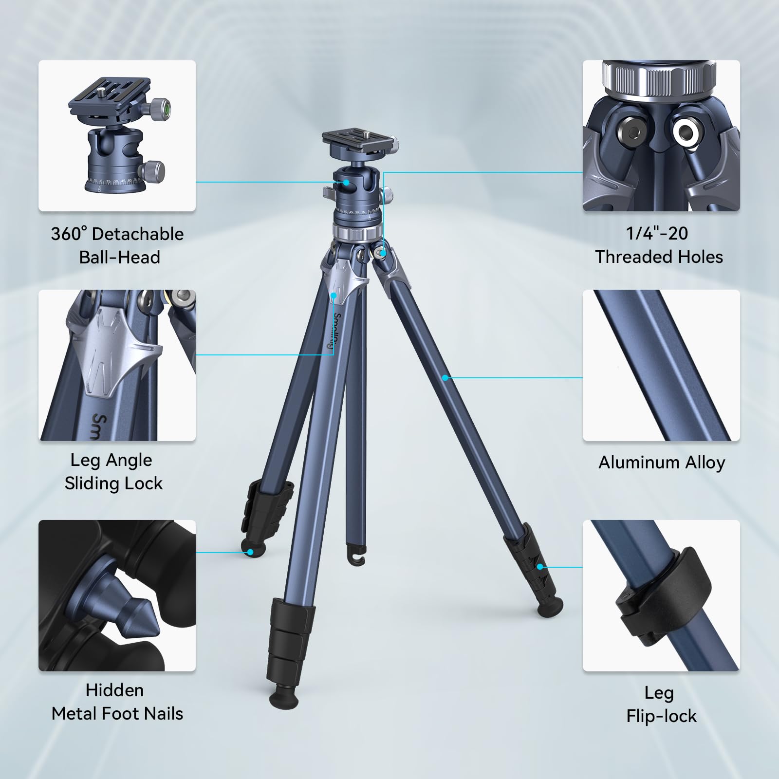SMALLRIG Lekki statyw podróżny, statyw fotograficzny z kompaktową, niekonwencjonalną kolumną centralną, głowicą kulową 360°, płytką QR, nośność do 17,6 funta / 8 kg, do większości aparatów DSLR -4222B