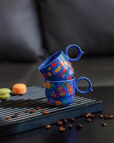 Miniatura 5 de Juego de 2 tazas de café espresso de cerámica, mini tazas de café expreso dobles de 3 onzas con bonito mango Q, patrones florales y de frutas, tazas