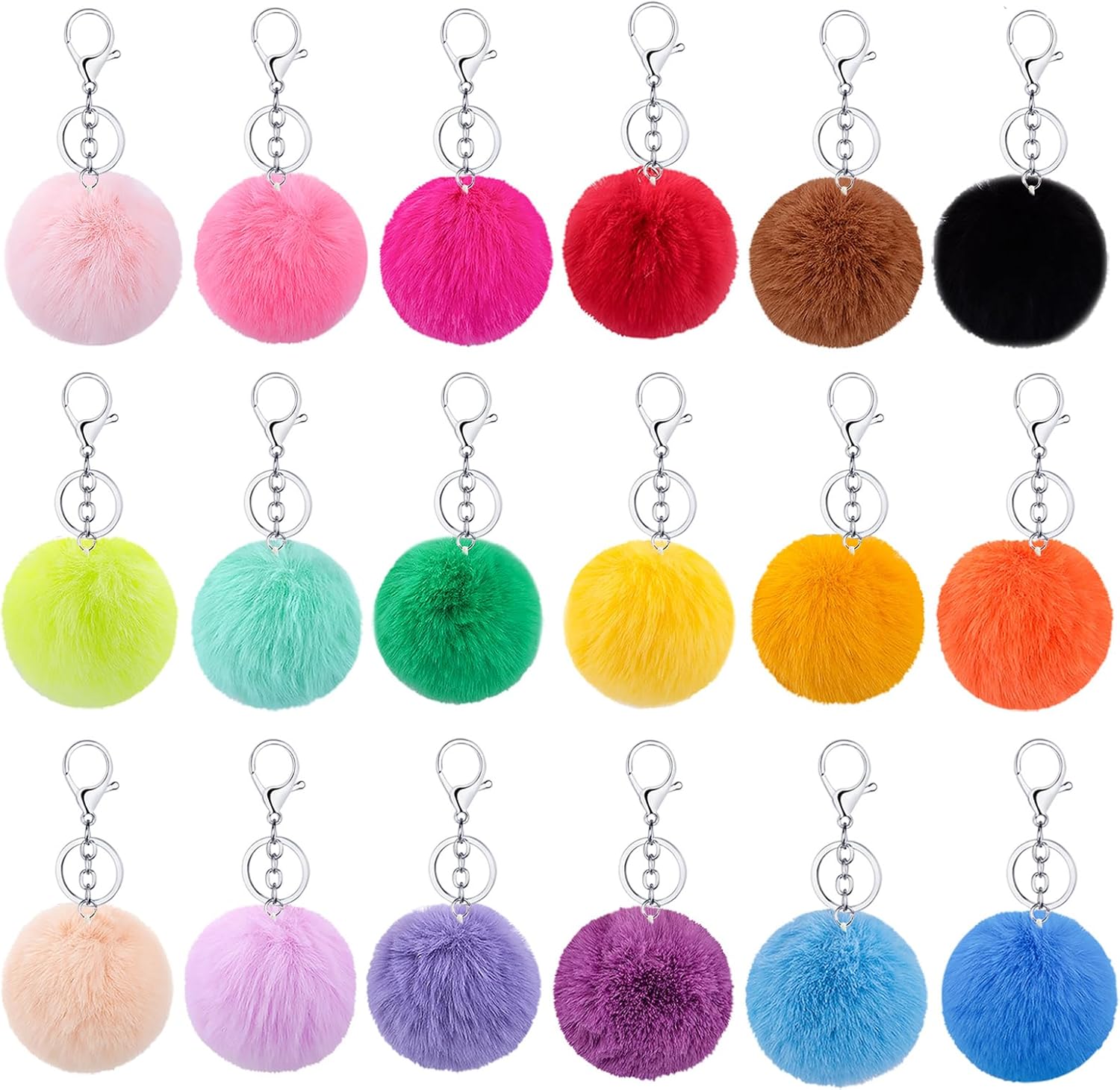 BetterJonny 18 Pcs Colorful Poms Keychains, 2.4inch Faux Fur Ball Multicolor Fluffy Ball Faux Fur Keyring Hooks Pom Pom Puff Ball with Keychain Hooks for DIY keychain Women Pendant Accessories