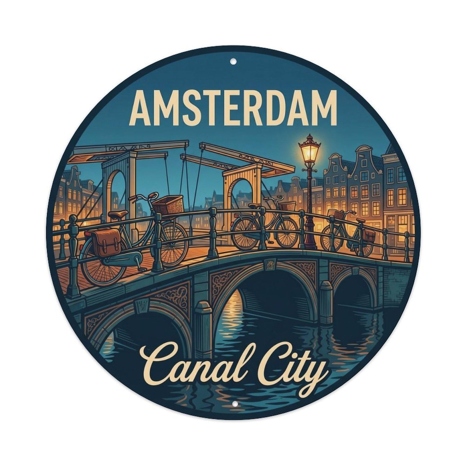 Vintage Travel Amsterdam Bicycle Bridge 1 Metal Tin Sign Plaque Wall Decor for Cafe, Club, Garden Round Metal Poster 8x8Inch