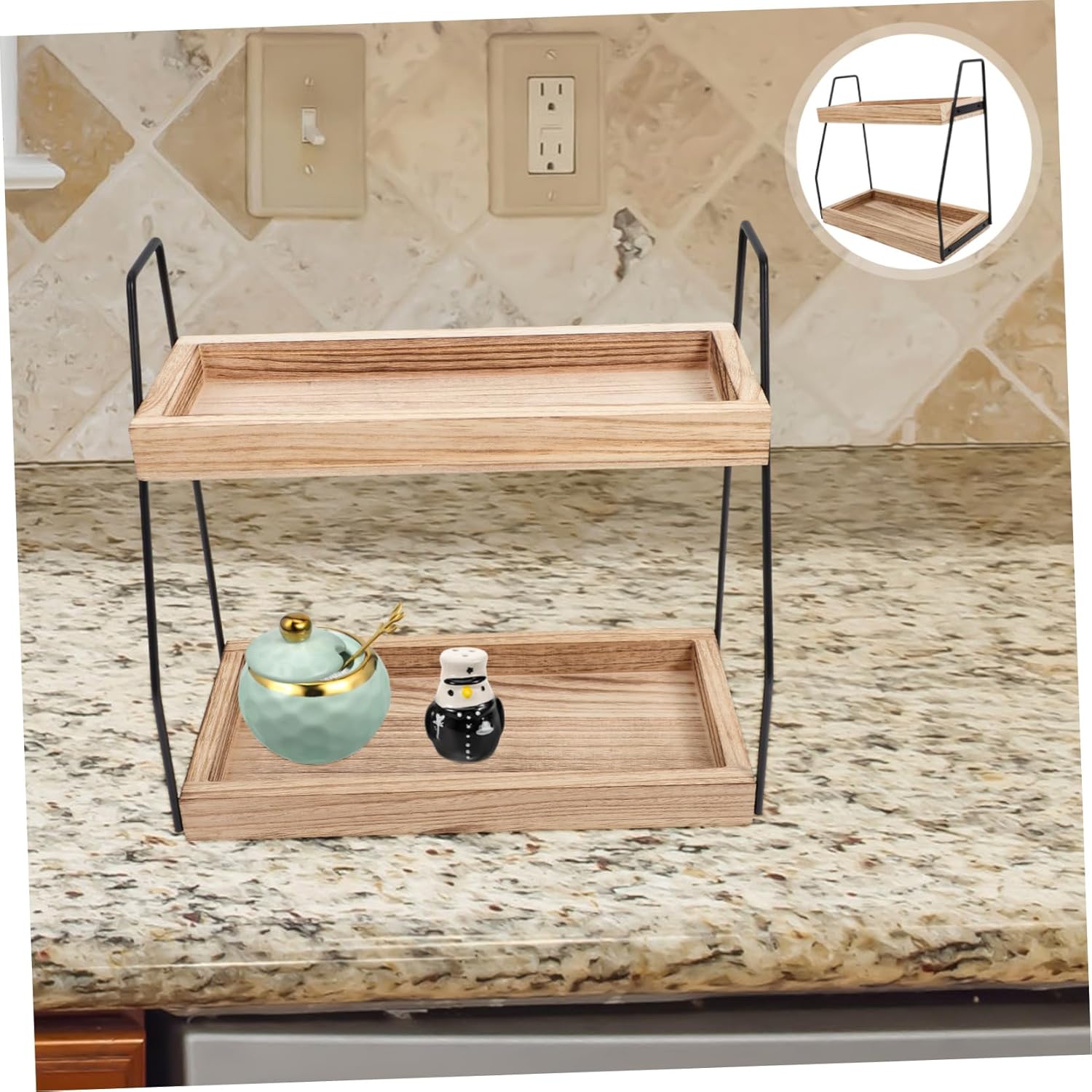 Double Wooden Countertop Organizer Rack for Kitchen Spices and Bathroom Cosmetics Wear Resistant Storage Shelf for Cosmetics Holder and Seasoning Organizer Multi Purpose Tabletop