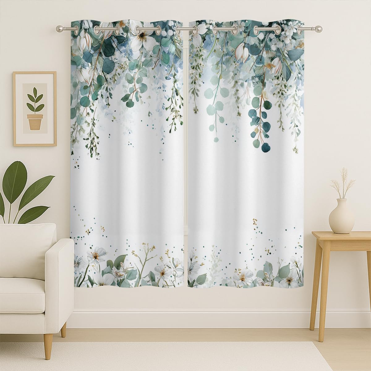 Green Eucalyptus Leaves Curtain, Floral Watercolor Botanical Spring, Grommet Curtains for Kitchen Window or Compact Entry Space, 42 x 45 Inch, Thermal Insulated Darkening Drapes