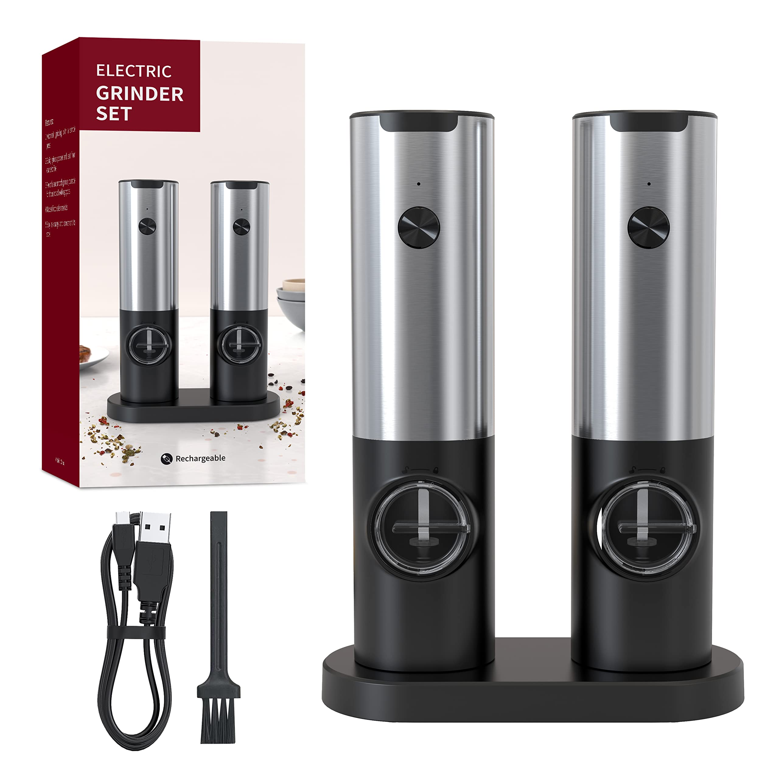 JRONGHE Electric Salt and Pepper Grinder Set 2 Pack Refillable Spice Mill Shaker W/Adjustable Coarseness, Type-C Rechargeable Automatic Pepper Mill With Charging Base, LED Light,70ml Large Capacity