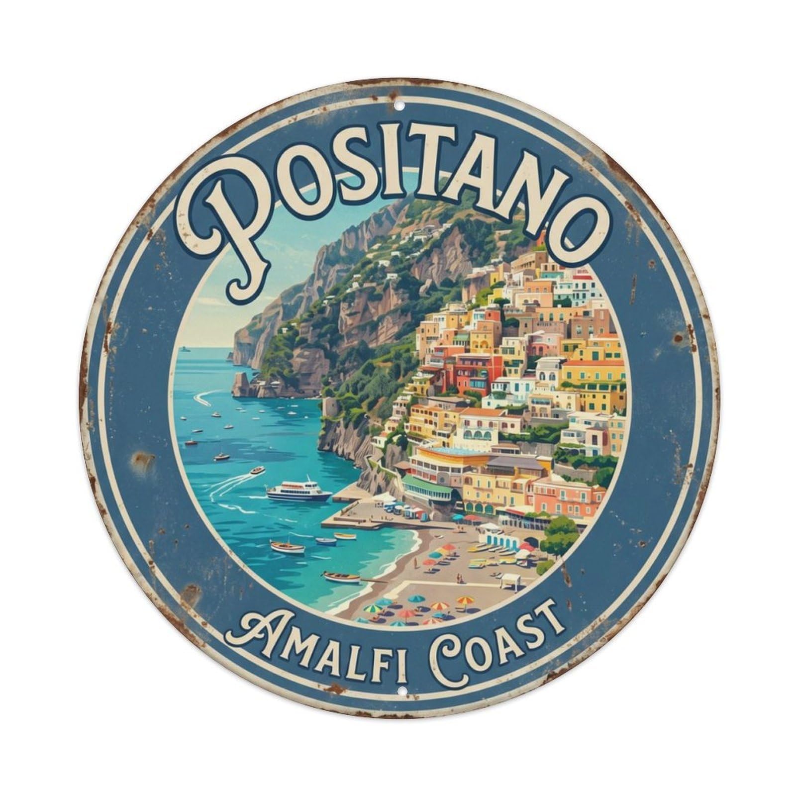 Vintage Travel Positano Cliffside Village Metal Tin Sign Plaque Wall Decor for Cafe, Club, Garden Round Metal Poster 8x8Inch
