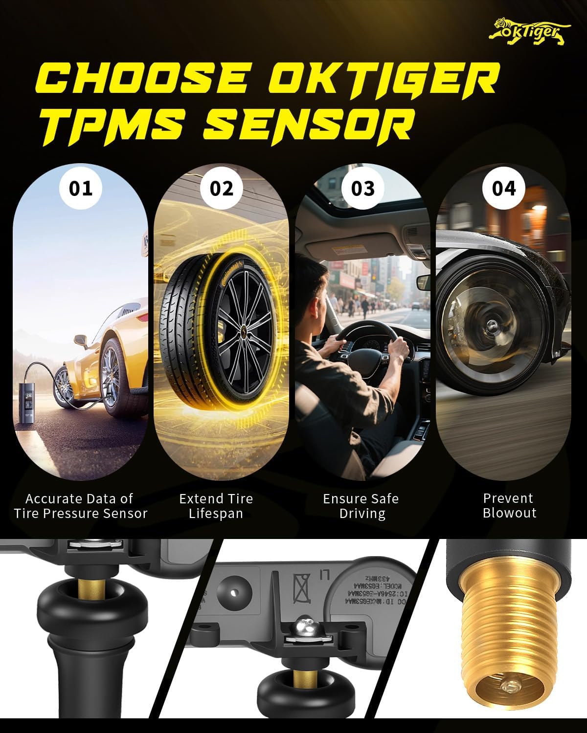 Oktiger 4PCS Pre-Programmed TPMS Sensor Fit for Dodge 2010-2020 Challenger Charger Journey, for Jeep Grand Cherokee Wrangler, for Chrysler Fiat, Tire Pressure Monitoring Sensor 433MHz OE#56029398AB