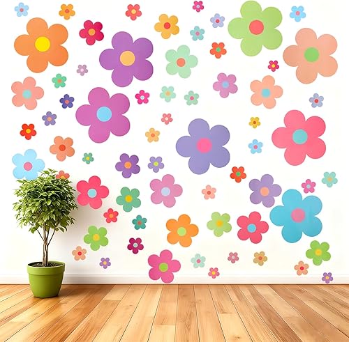 9 hojas de 63 calcomanías de pared de flores coloridas, calcomanías de pared de margaritas para despegar y pegar, calcomanías de flores