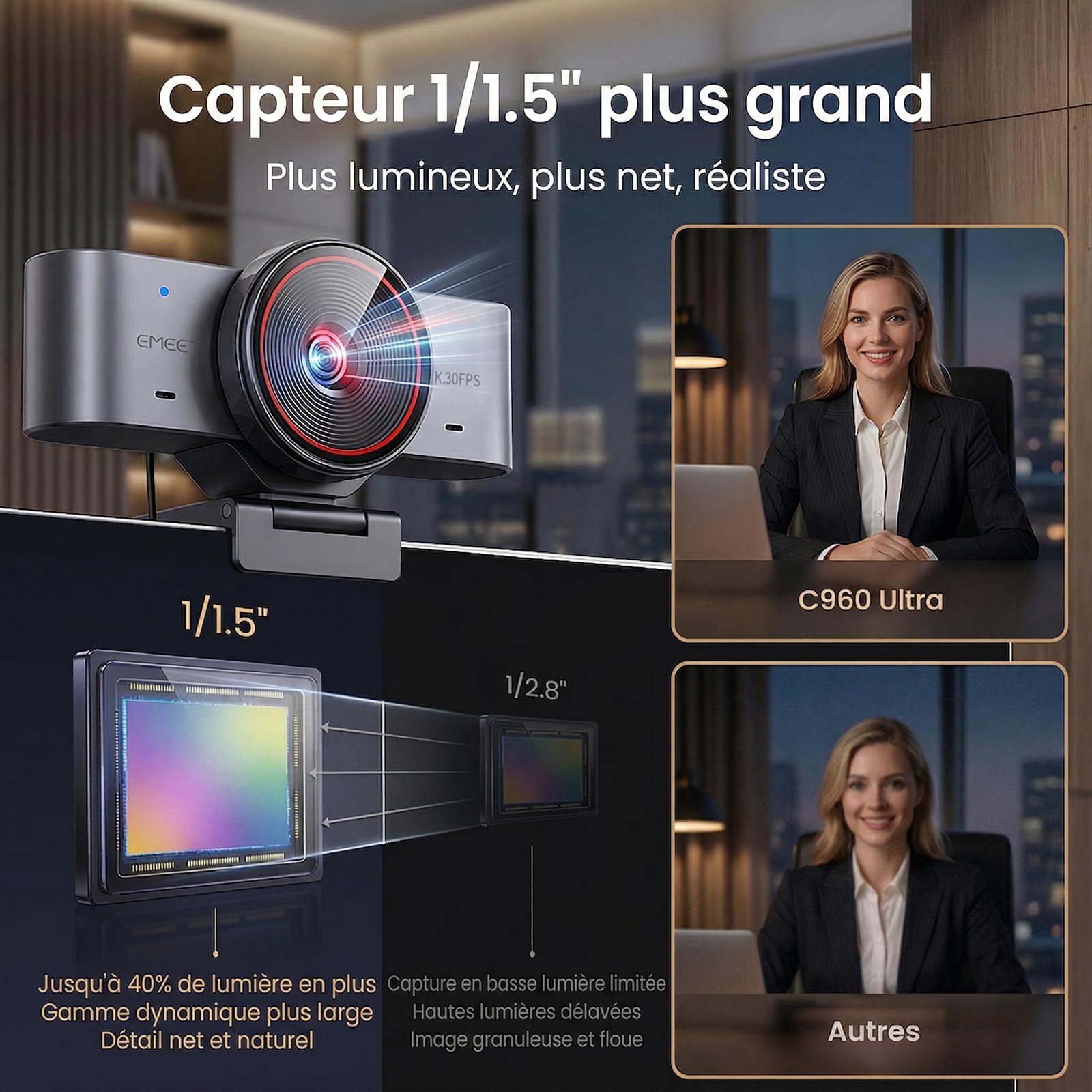 eMeet C960 Ultra Webcam 4K pour PC/Mac, Capteur 1/1.5", Autofocus 0,2s, Corps en Métal, Mode Tableau Blanc, Cache de Confidentialité, 2 Micros, Caméra USB pour Streaming, Réunion, Télétravail